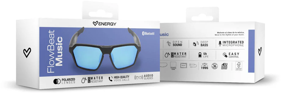 FlowBeat Music audio napszemüveg csomagolása kék lencsékkel és funkciókkal.