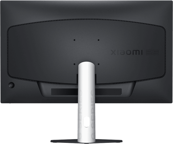 Fekete monitor hátulnézete, fehér állvánnyal és Xiaomi logóval.