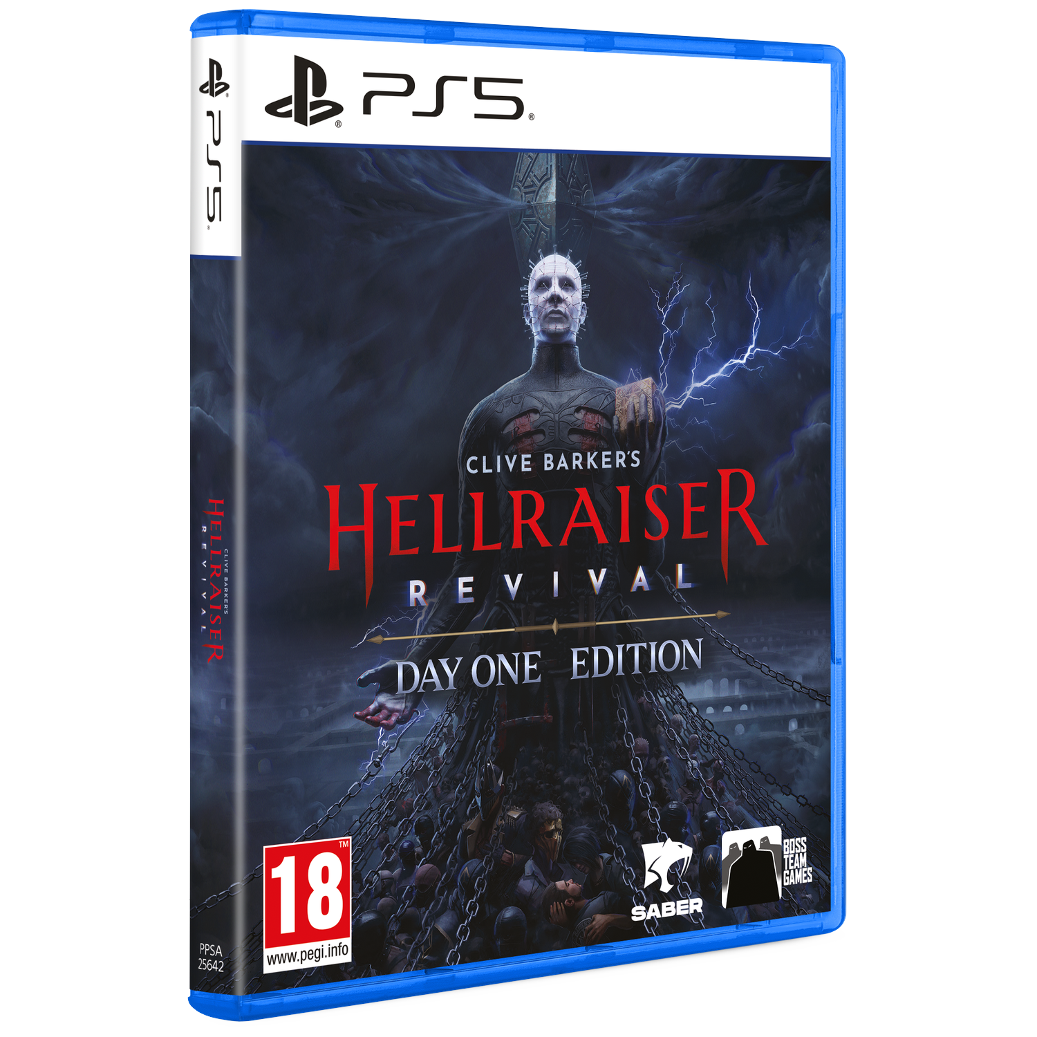 PS5 Hellraiser Revival game cover met Pinhead en kettingen.