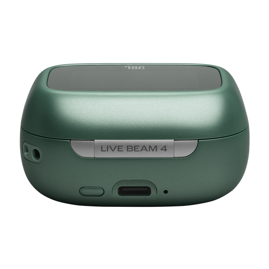 Zielone etui ładujące do słuchawek z napisem "LIVE BEAM 4" i logo JBL.