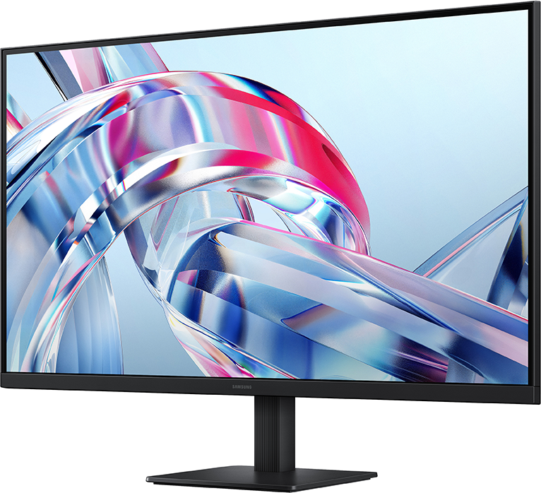 Egy modern Samsung monitor absztrakt, színes háttérképpel.