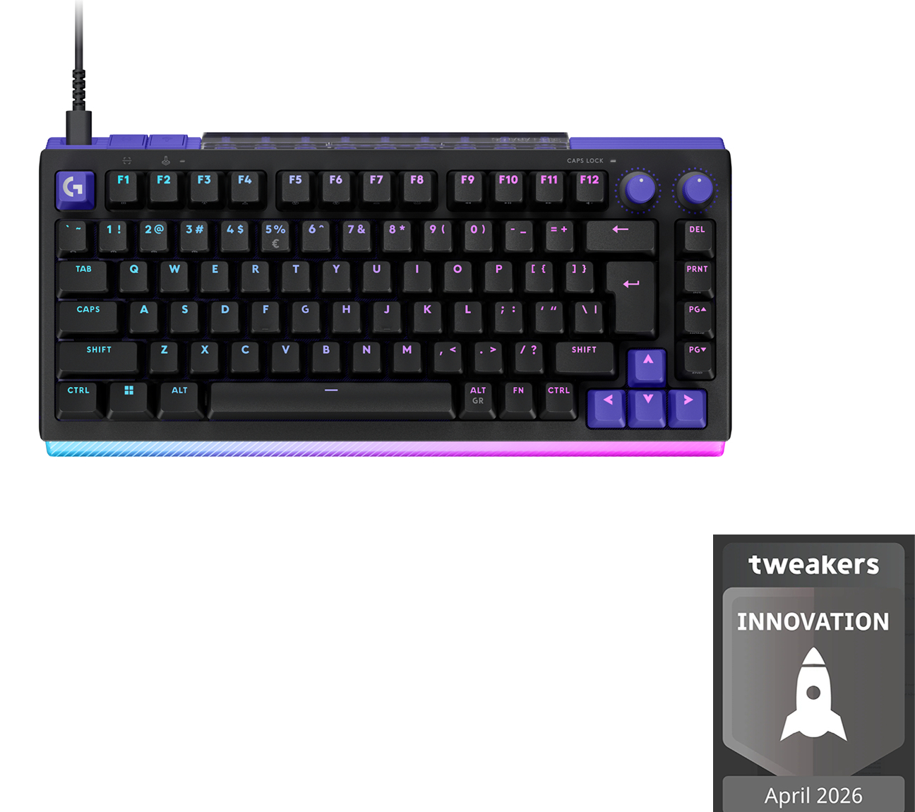 Een zwart toetsenbord met paarse accenten en RGB-verlichting.