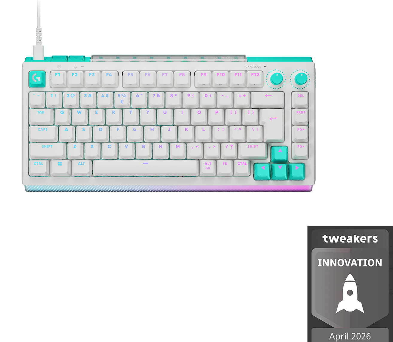 A white gaming keyboard with teal accent keys and a logo.
