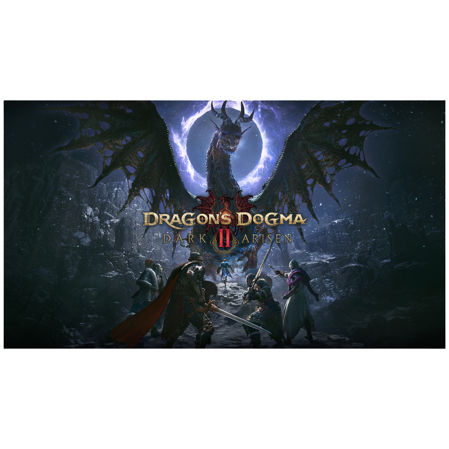 A dragon hovers over warriors before a portal. Dragon's Dogma II.