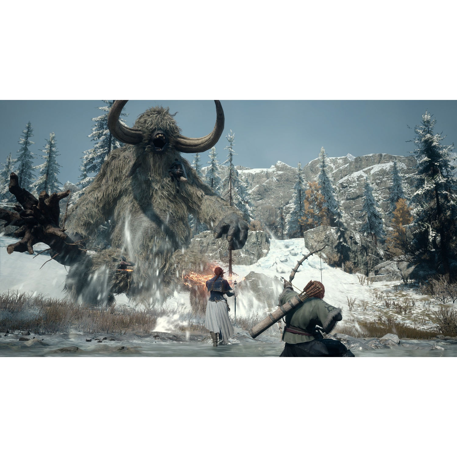 A giant, furry monster with horns stands in snow. Two warriors, one with a bow, prepare for battle.