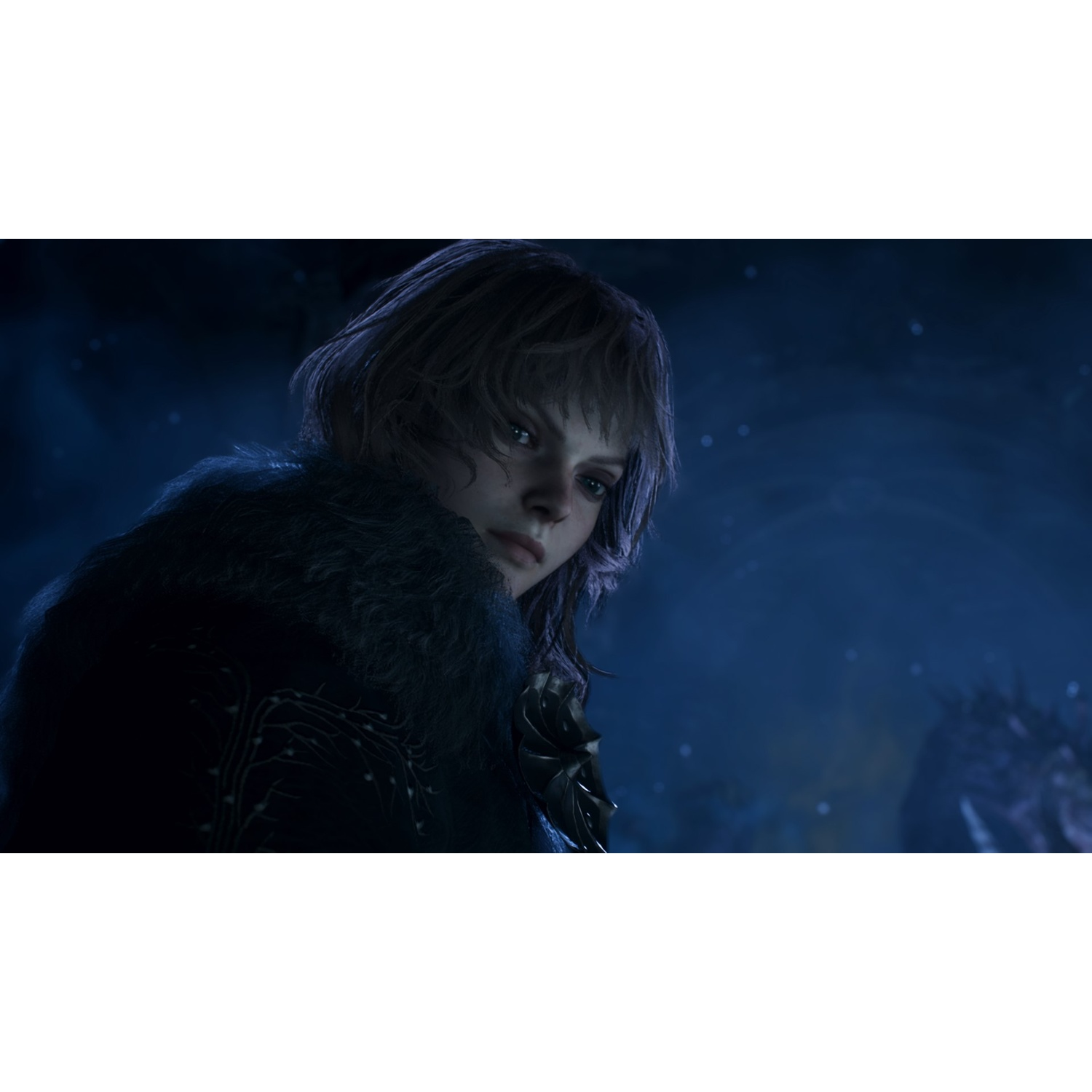 Young woman with dark hair and fur collar looks thoughtfully into the dark night sky.