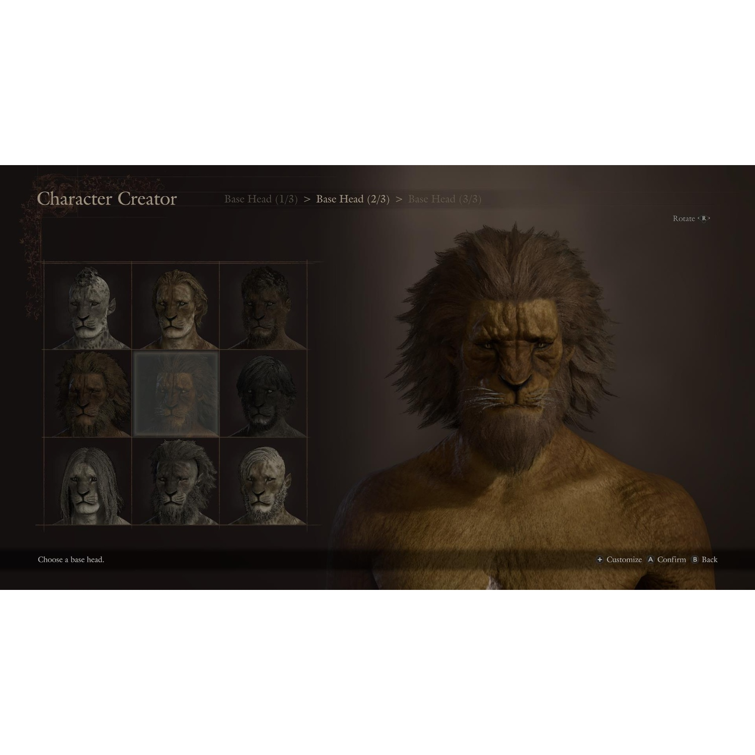 Character creator menu showing lion heads to choose from and a large preview.