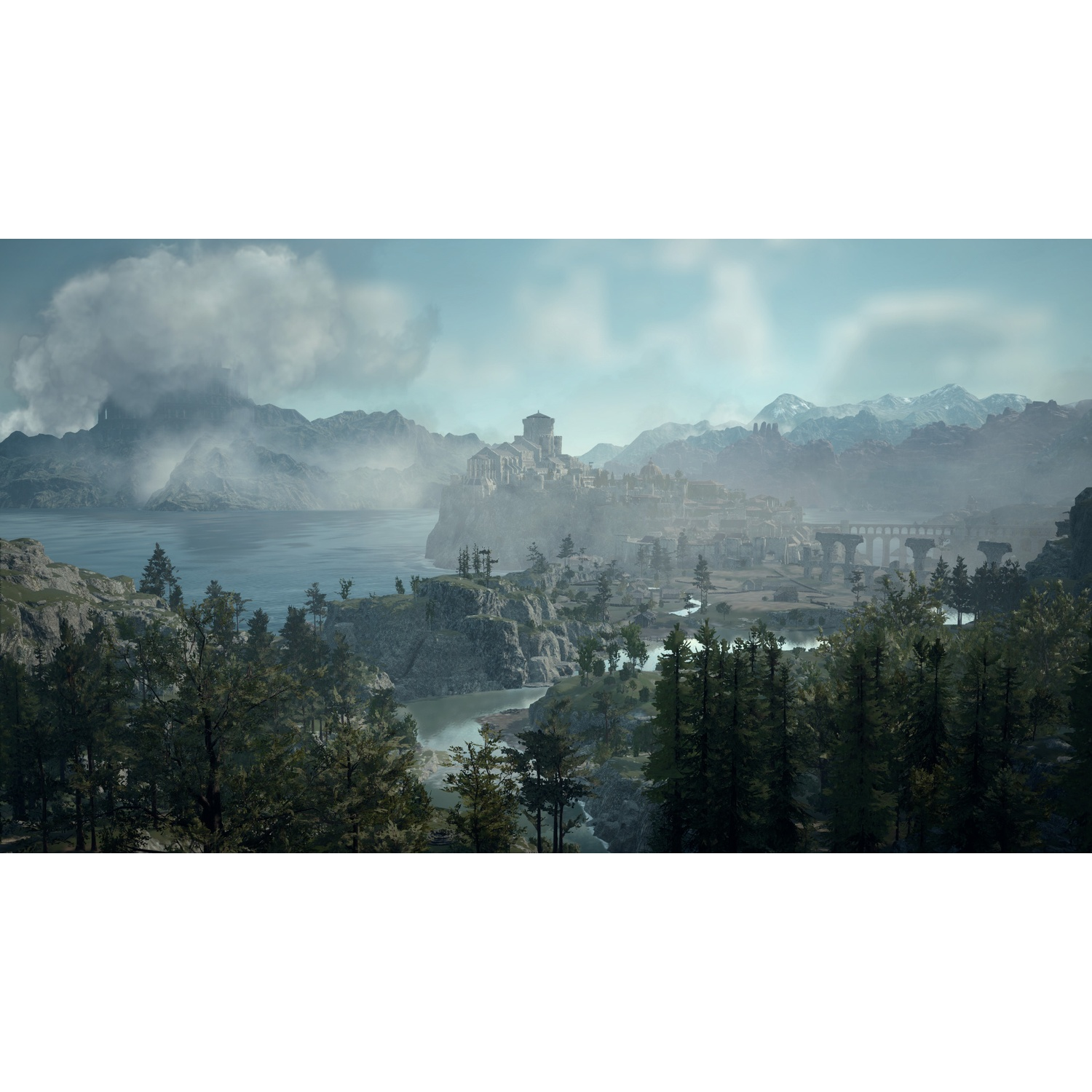 A medieval city on a rocky cliff by a lake, surrounded by mountains and forests.