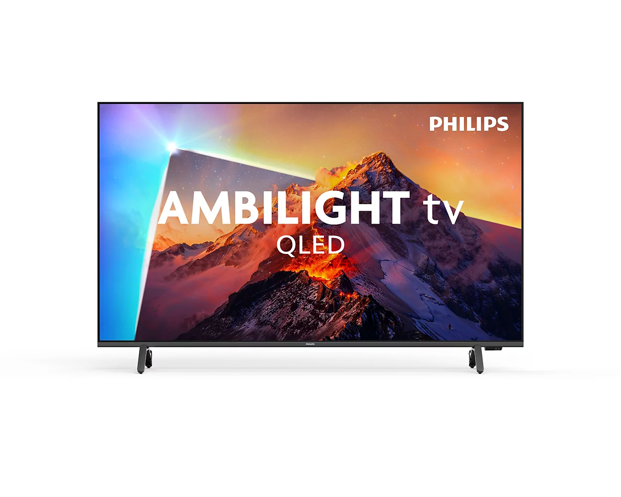 Ein Philips Ambilight QLED Fernseher mit Berglandschaft-Bildschirm.