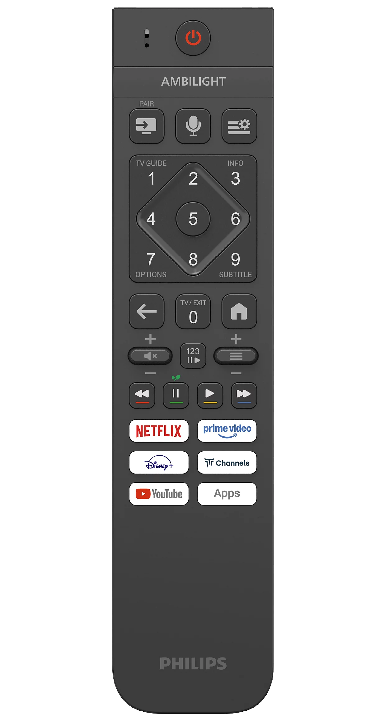 Eine graue Philips TV-Fernbedienung mit Ambilight-Logo, Nummernblock und App-Tasten.