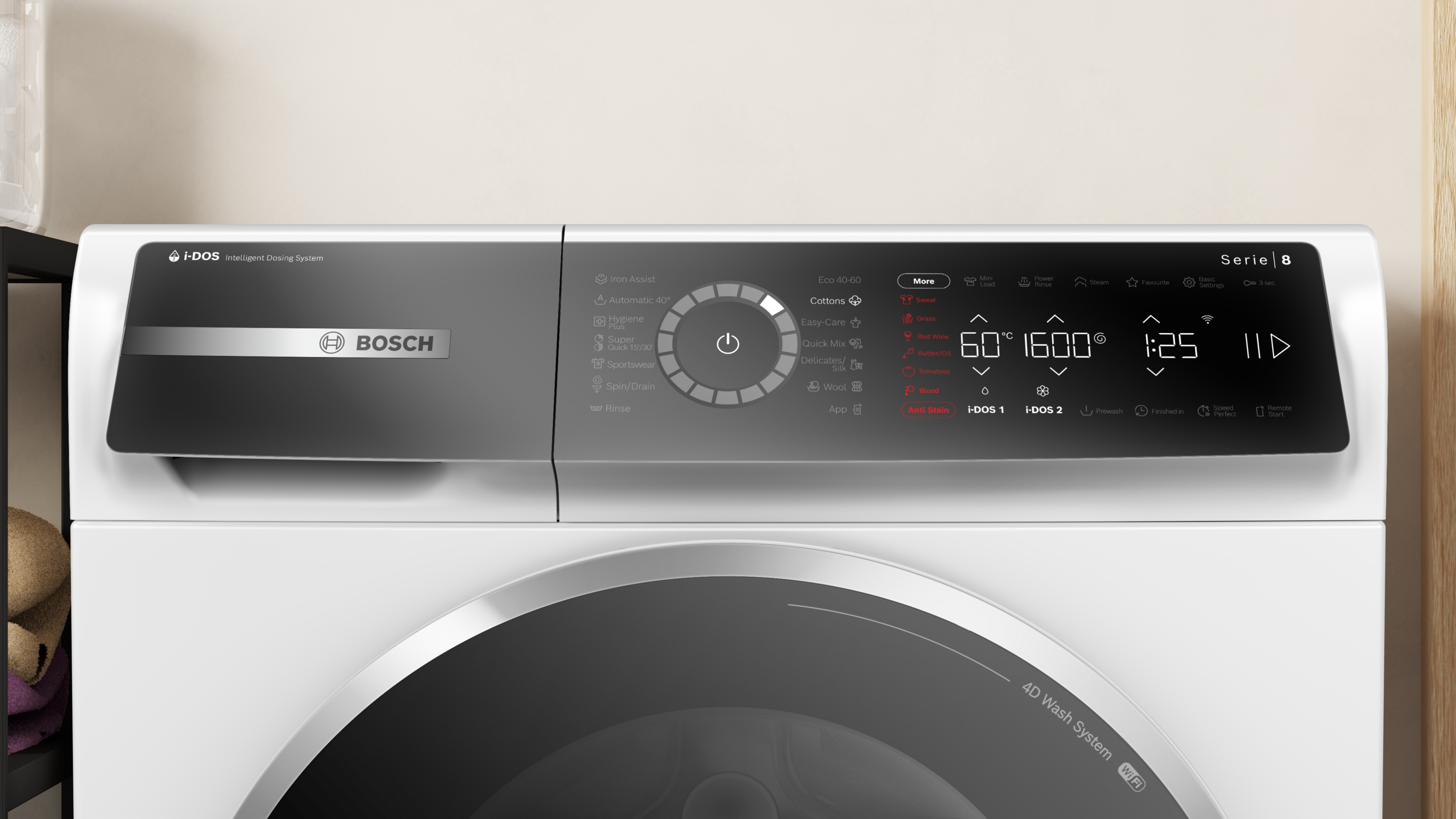 Bosch mosógép digitális kijelzővel, olyan programokkal, mint a Pamut, Gyapjú, 60 fok és 1600 ford./perc.