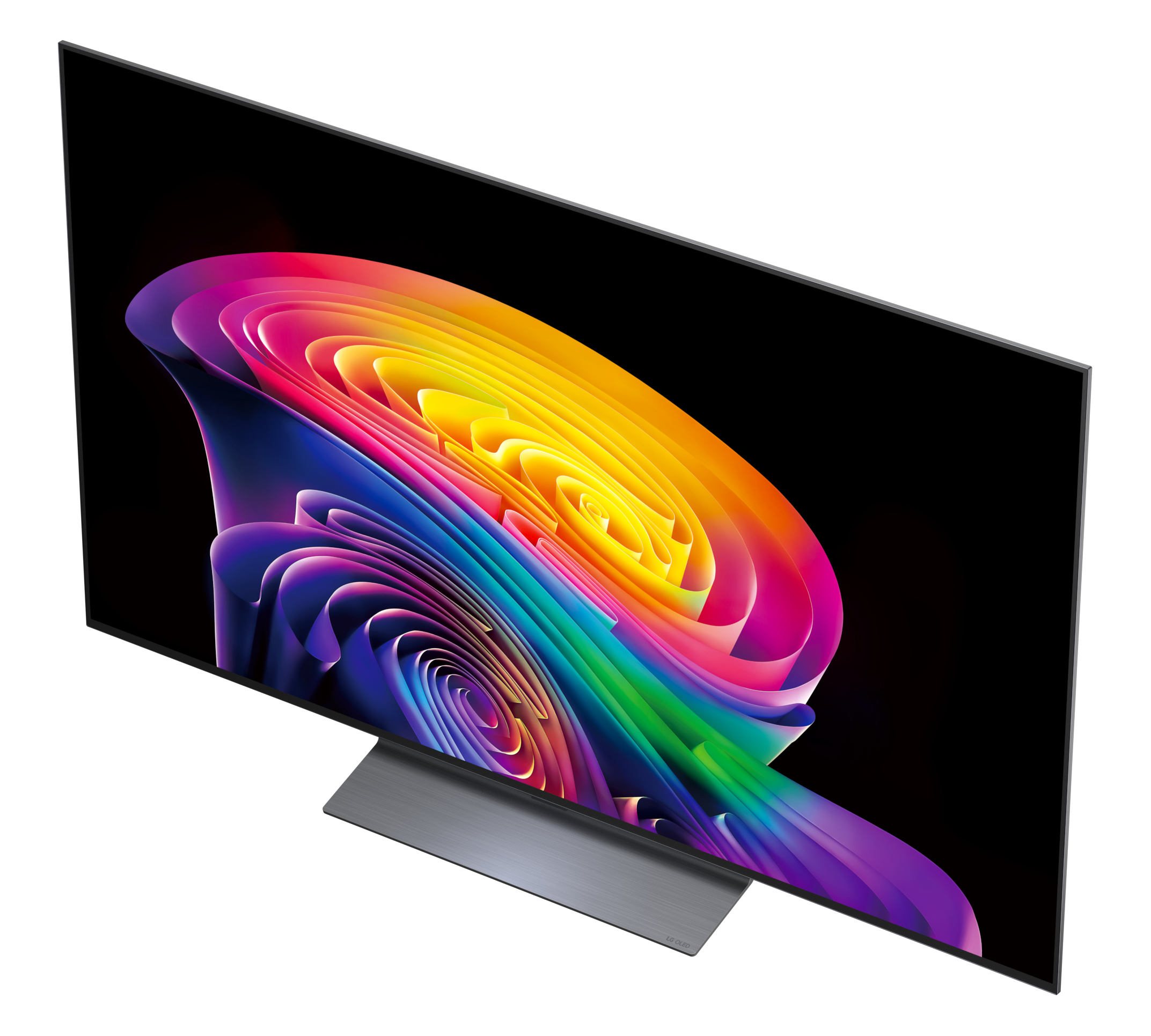Elegancki telewizor wyświetlający abstrakcyjny, kolorowy obraz na ekranie.