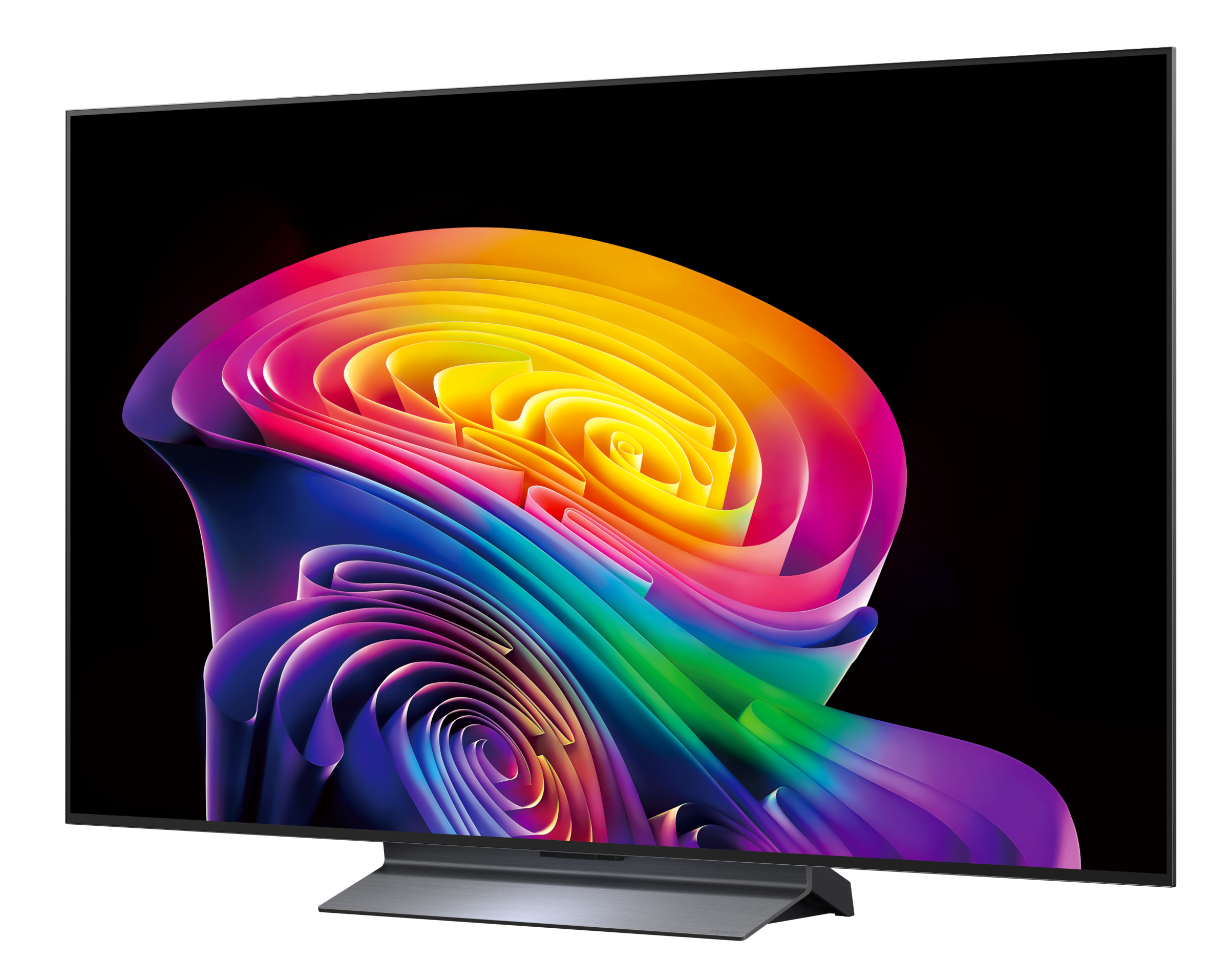 Nowoczesny telewizor wyświetla żywy, wielokolorowy wzór abstrakcyjny.