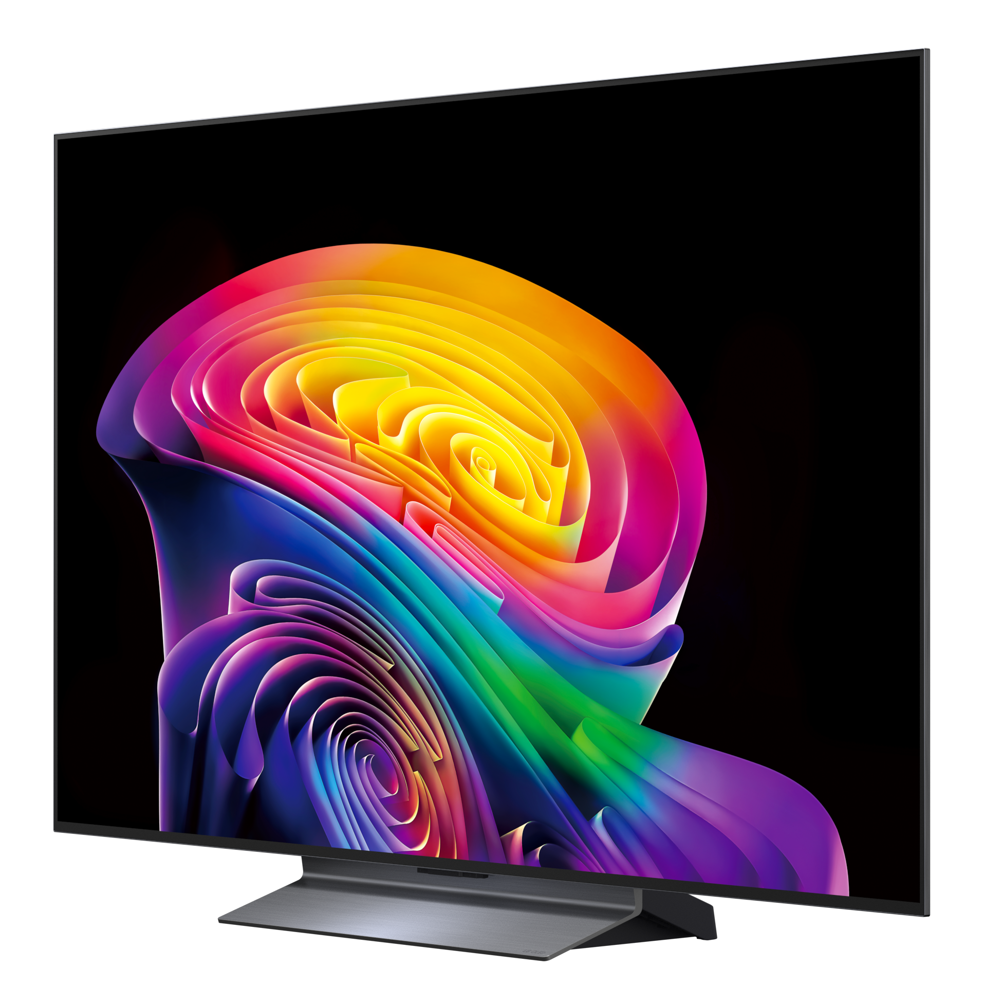 Nowoczesny telewizor wyświetlający kolorowy, abstrakcyjny, wirujący obraz na ekranie.