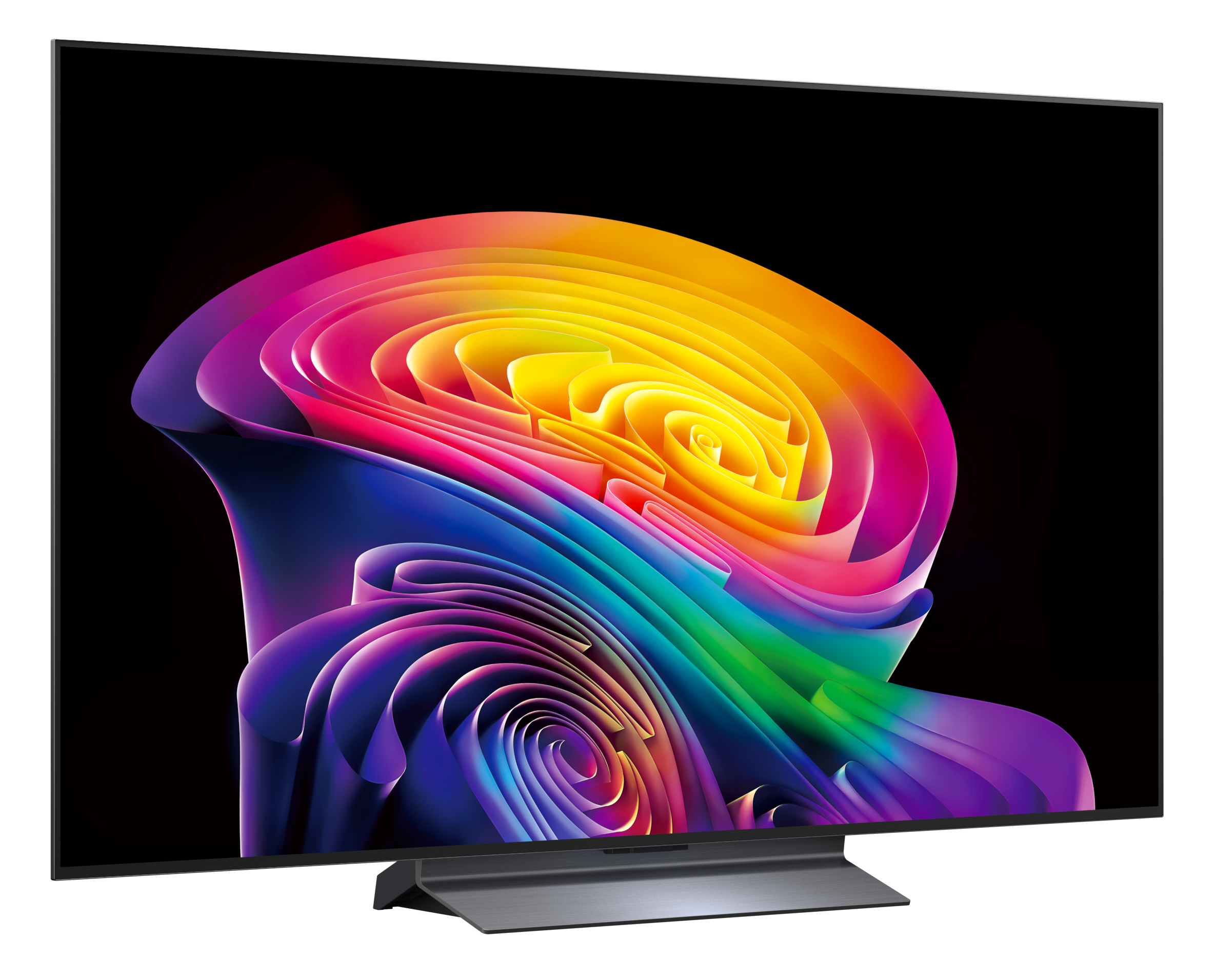 Nowoczesny telewizor z abstrakcyjnym, kolorowym wirującym wzorem na ekranie.