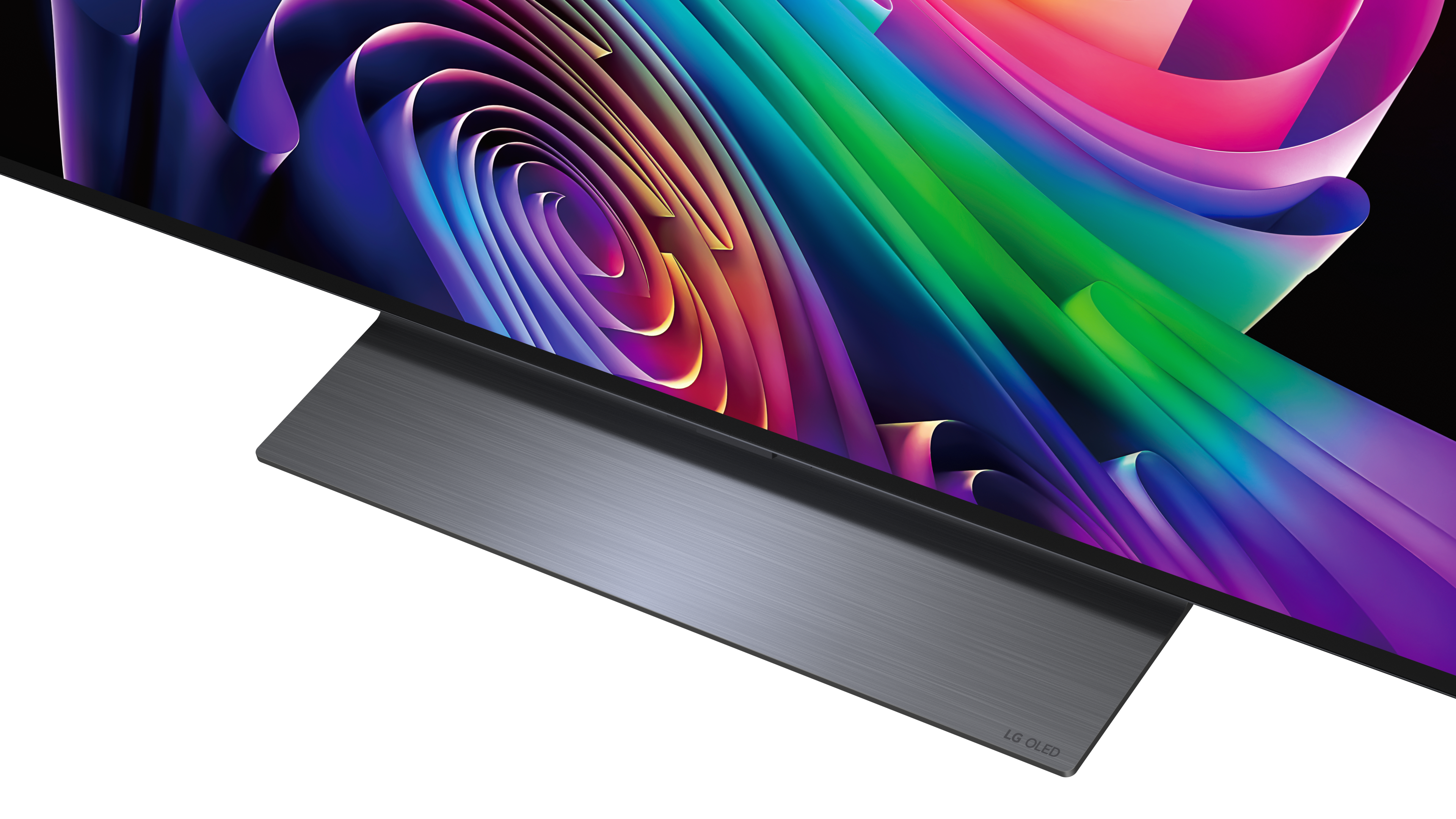 Zbliżenie telewizora LG OLED z kolorowym, falistym tłem.