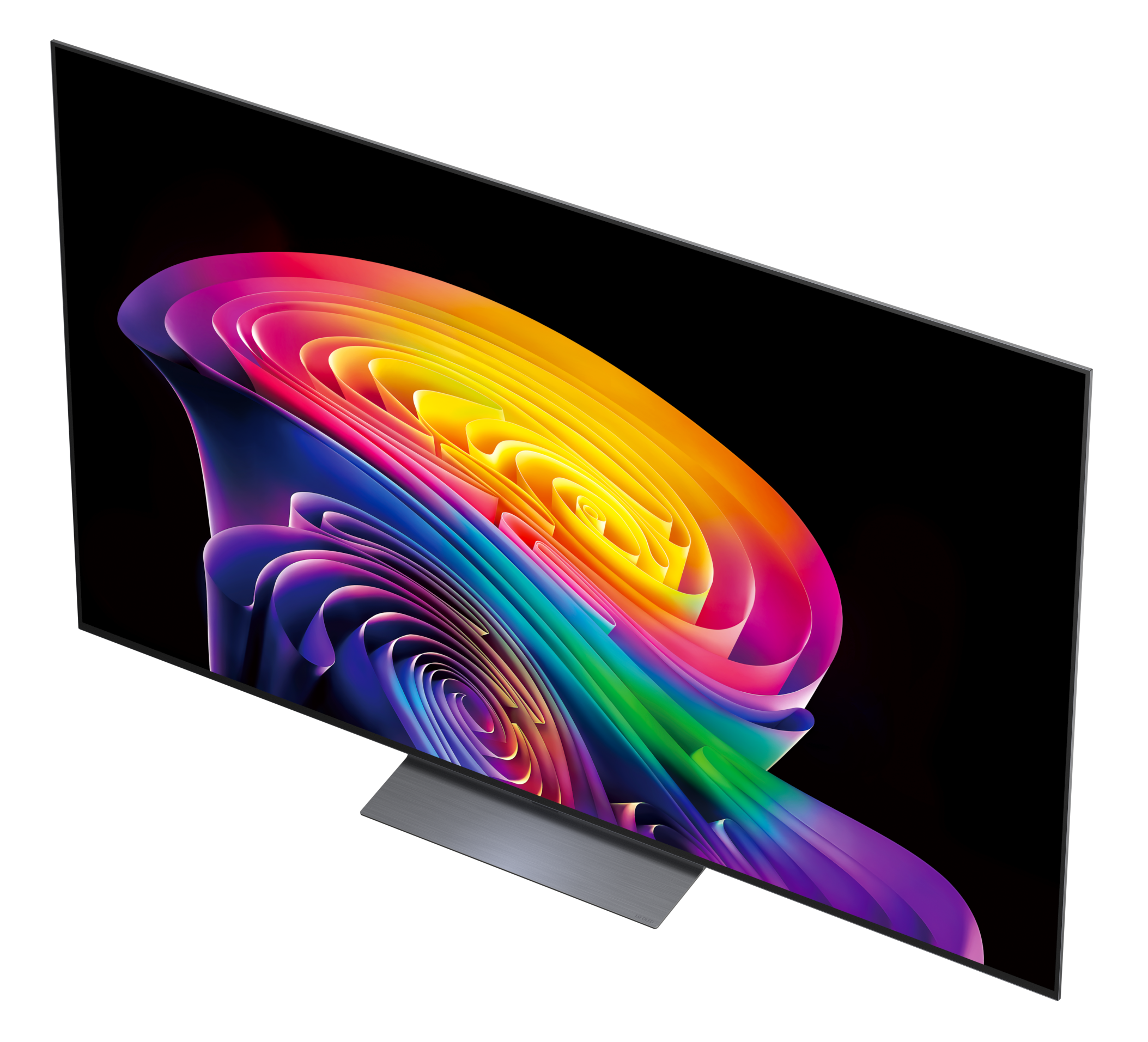 Elegancki telewizor z kolorową, abstrakcyjną falą na ekranie.