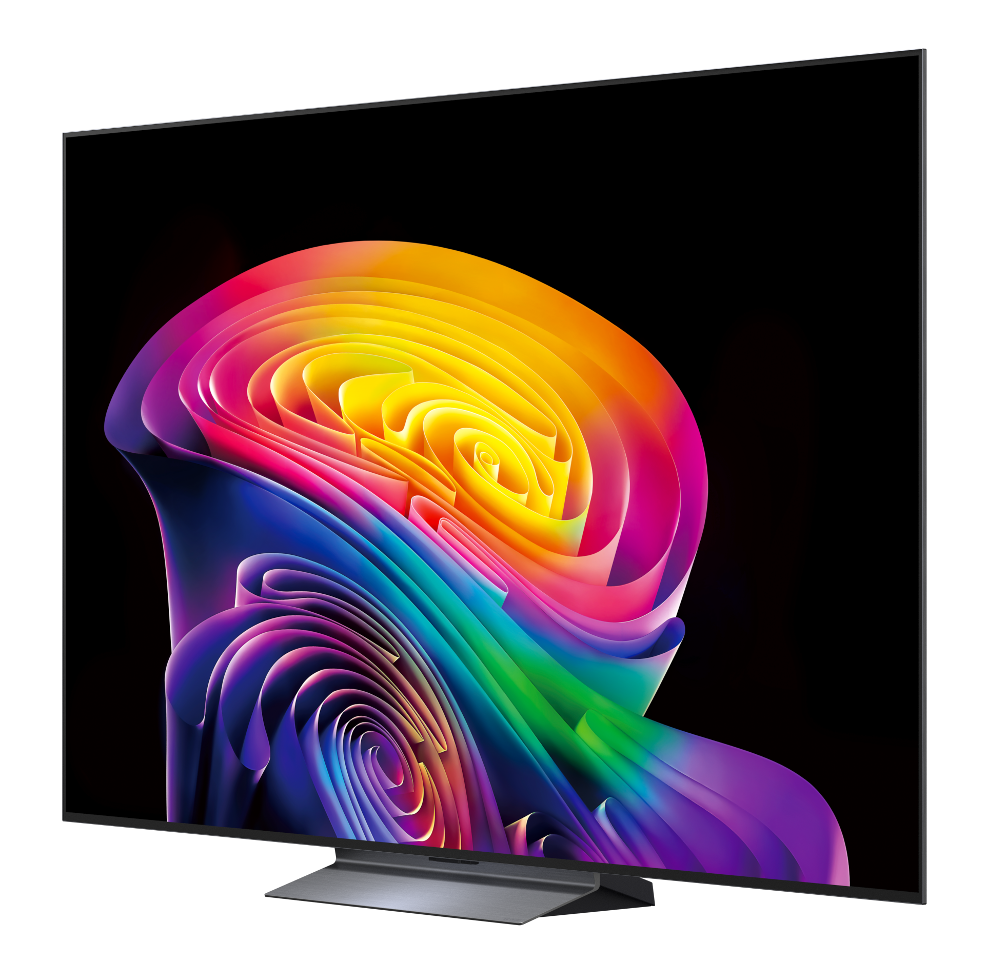 Nowoczesny telewizor wyświetlający kolorowy, abstrakcyjny, wirujący wzór na ekranie.