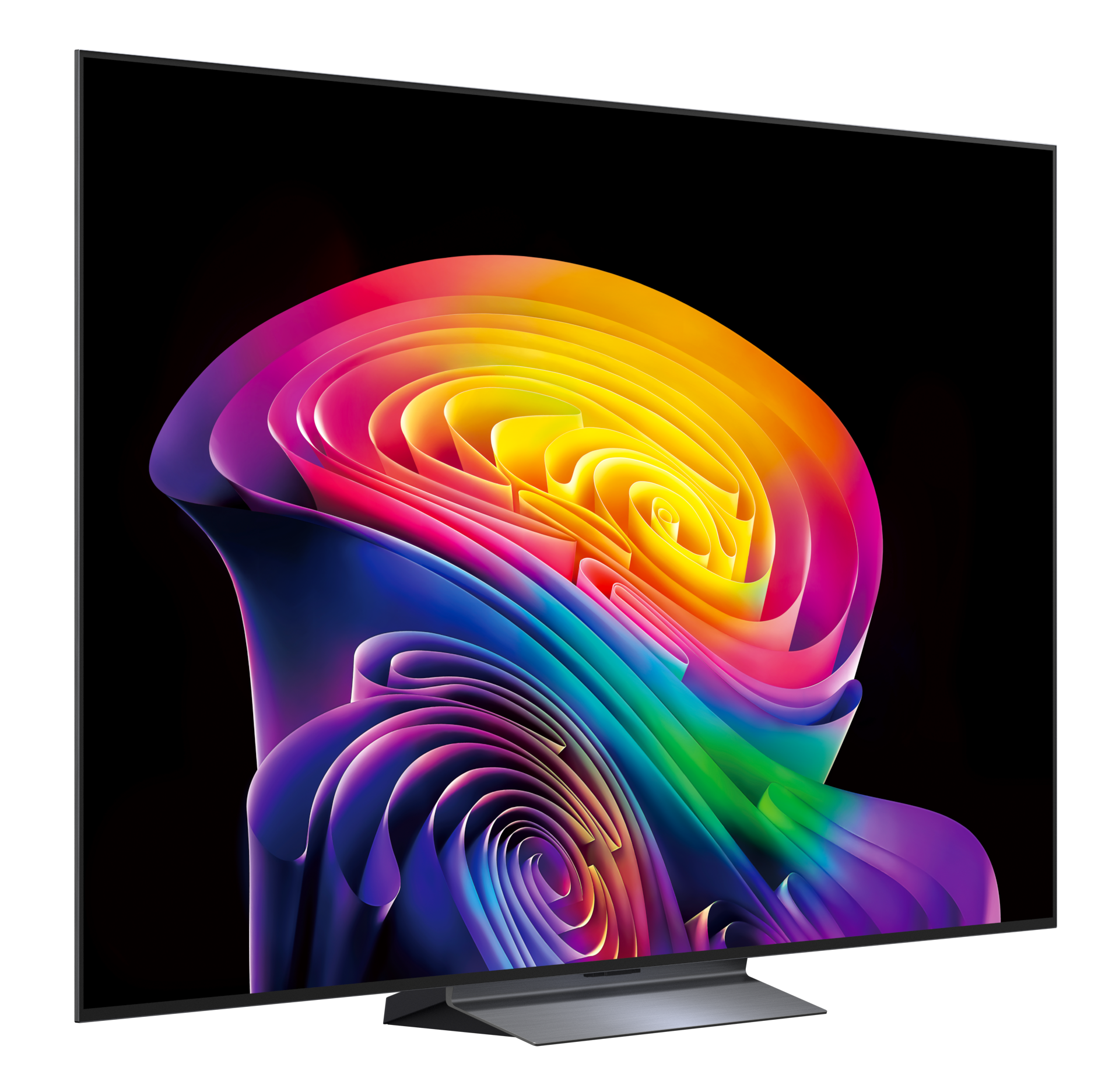 Nowoczesny telewizor wyświetlający kolorowy, abstrakcyjny wzór tęczy na czarnym tle.