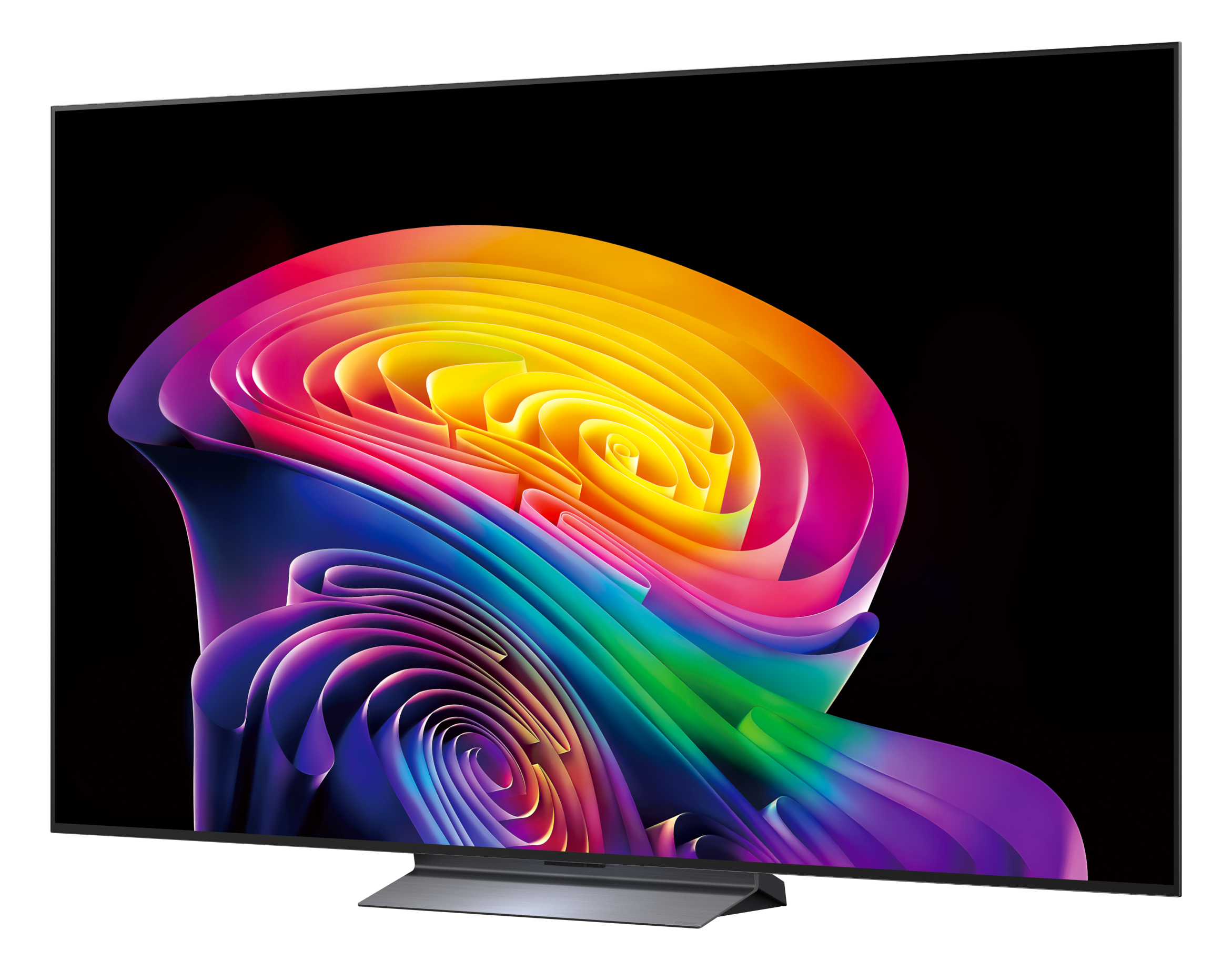 Nowoczesny telewizor wyświetla abstrakcyjny, wielokolorowy gradient.
