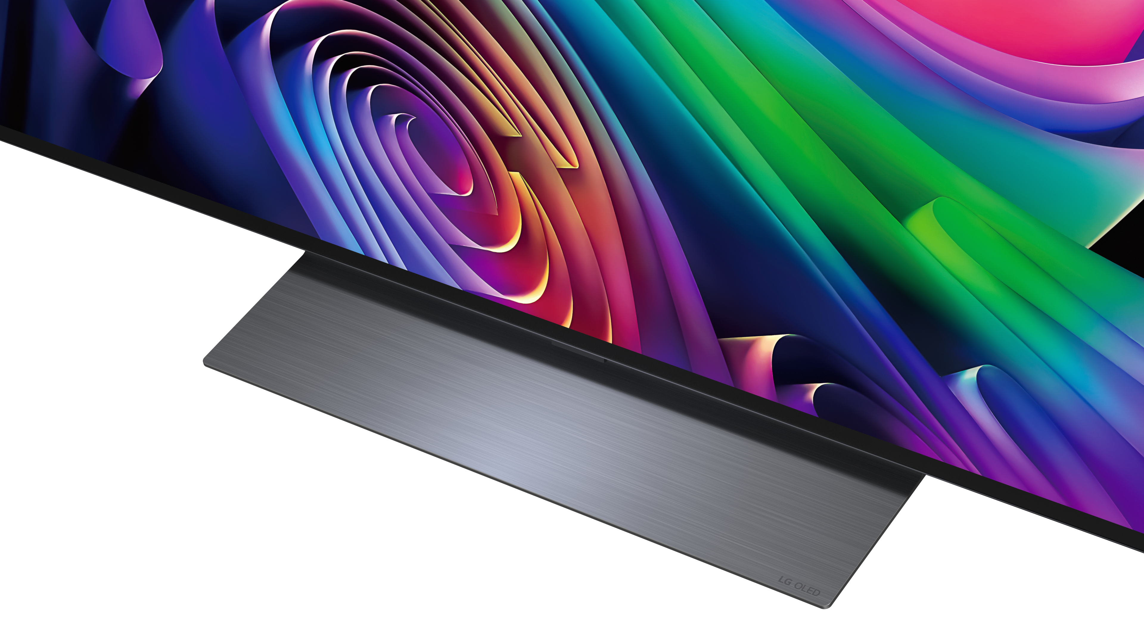Nowoczesny telewizor LG OLED z metalową podstawą i kolorowym abstrakcyjnym tłem.