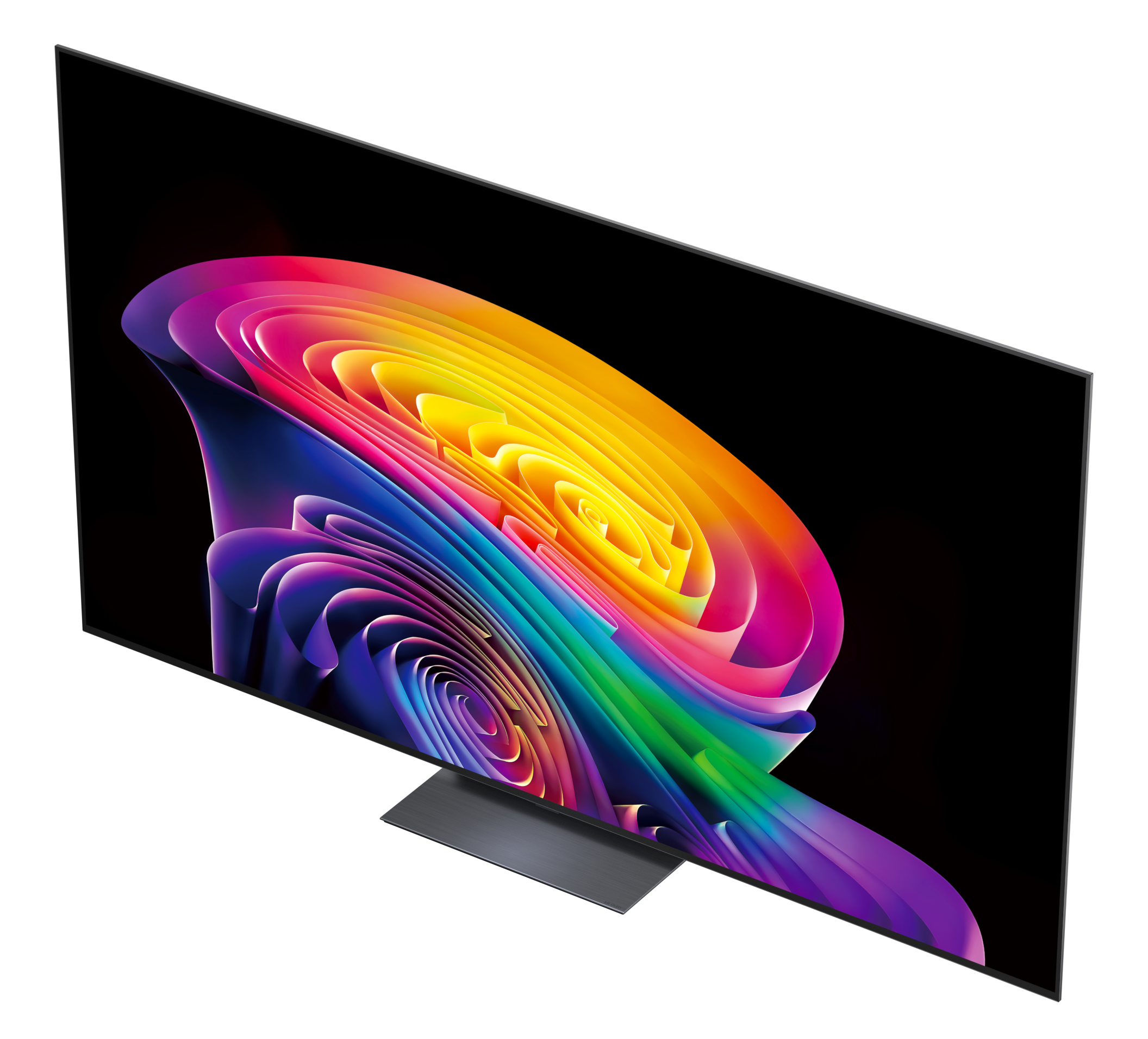 Nowoczesny telewizor wyświetlający abstrakcyjny, kolorowy wir na czarnym tle.