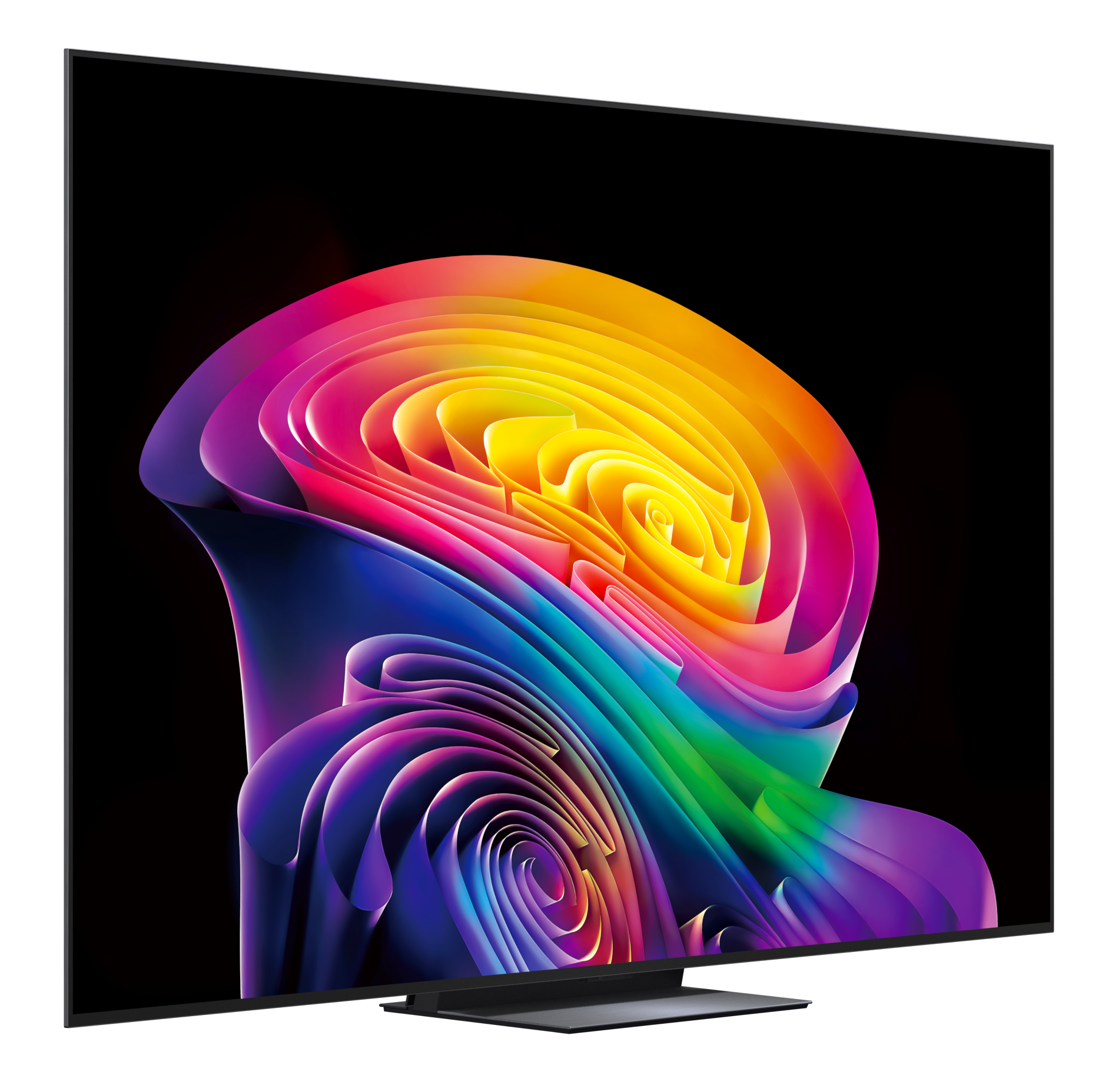 Nowoczesny telewizor wyświetla abstrakcyjną, kolorową grafikę nakładających się wstążek.