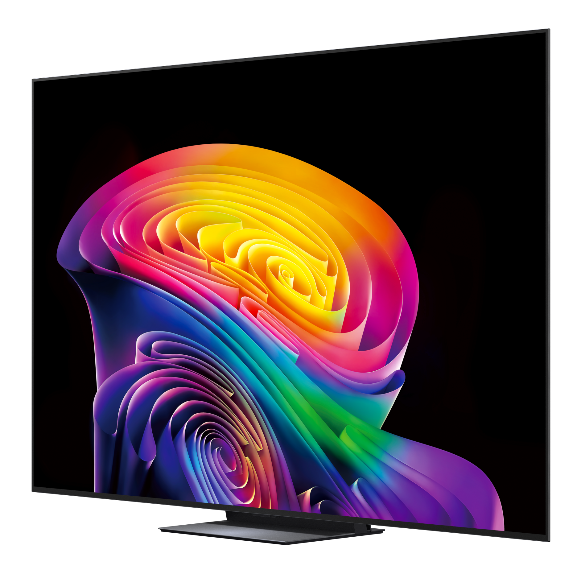 Nowoczesny telewizor wyświetla abstrakcyjny, wielokolorowy wzór na czarnym tle.