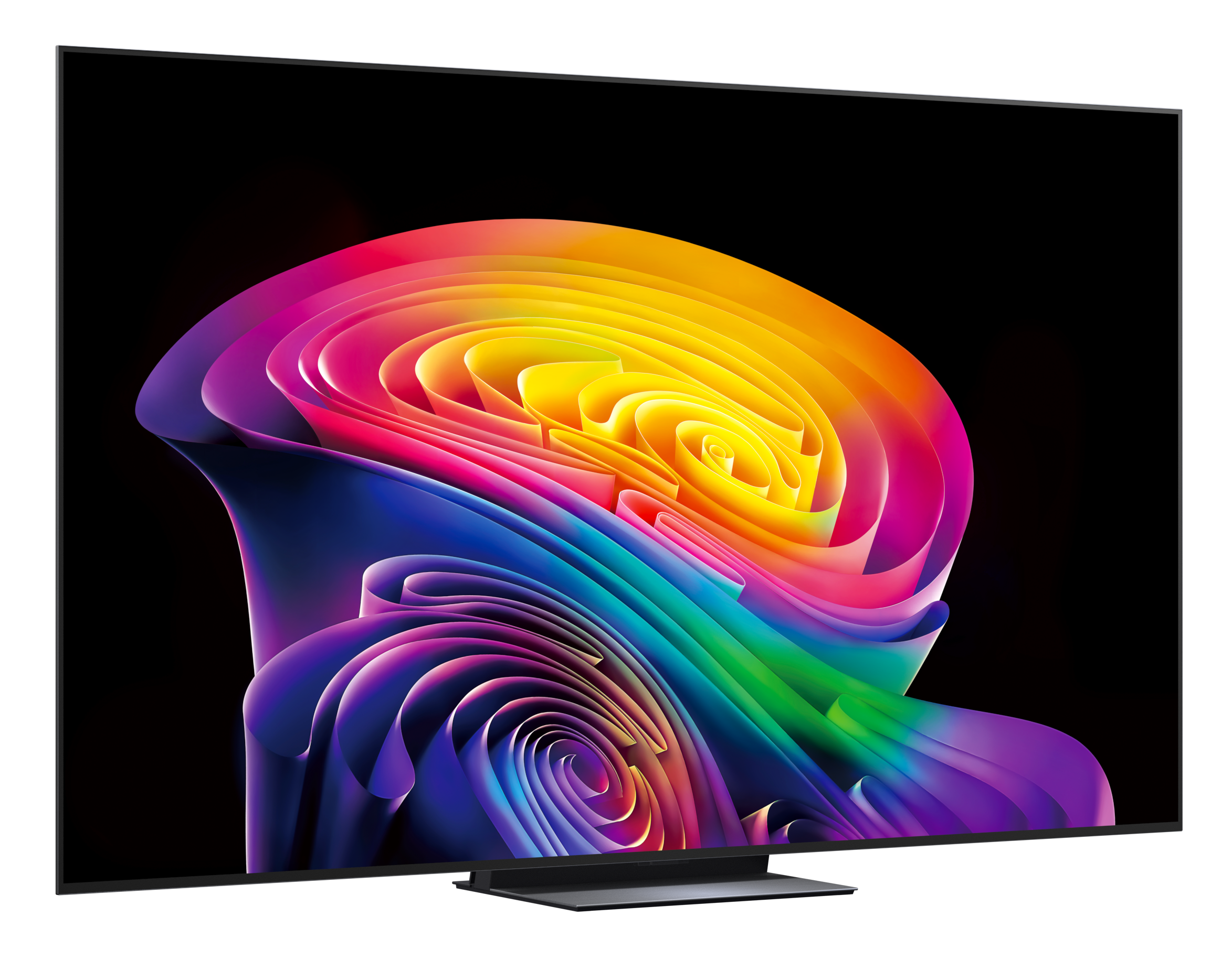 Nowoczesny telewizor wyświetlający żywy, kolorowy obraz abstrakcyjny na ekranie.