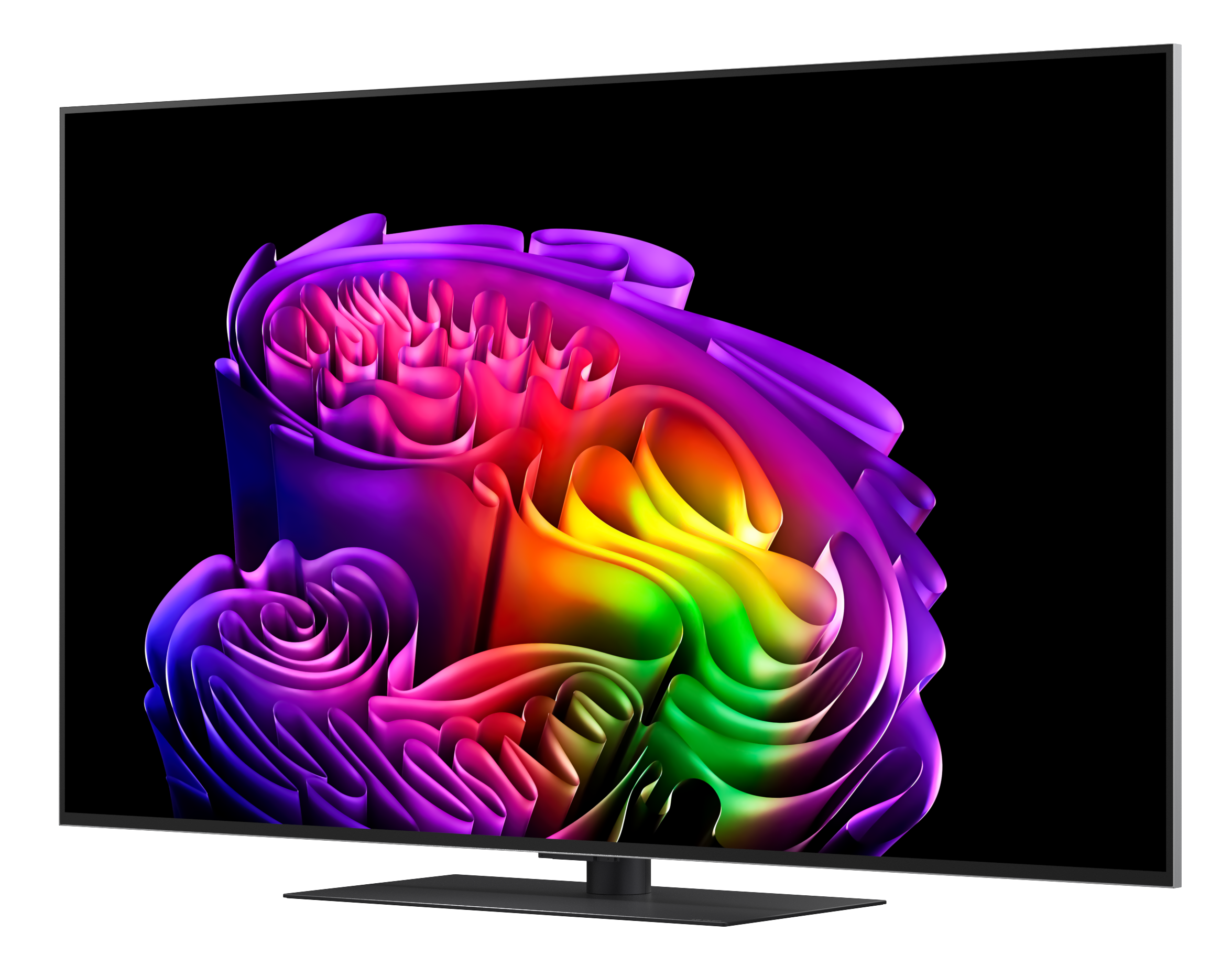 Nowoczesny telewizor wyświetlający żywy, abstrakcyjny obraz w kolorach tęczy.
