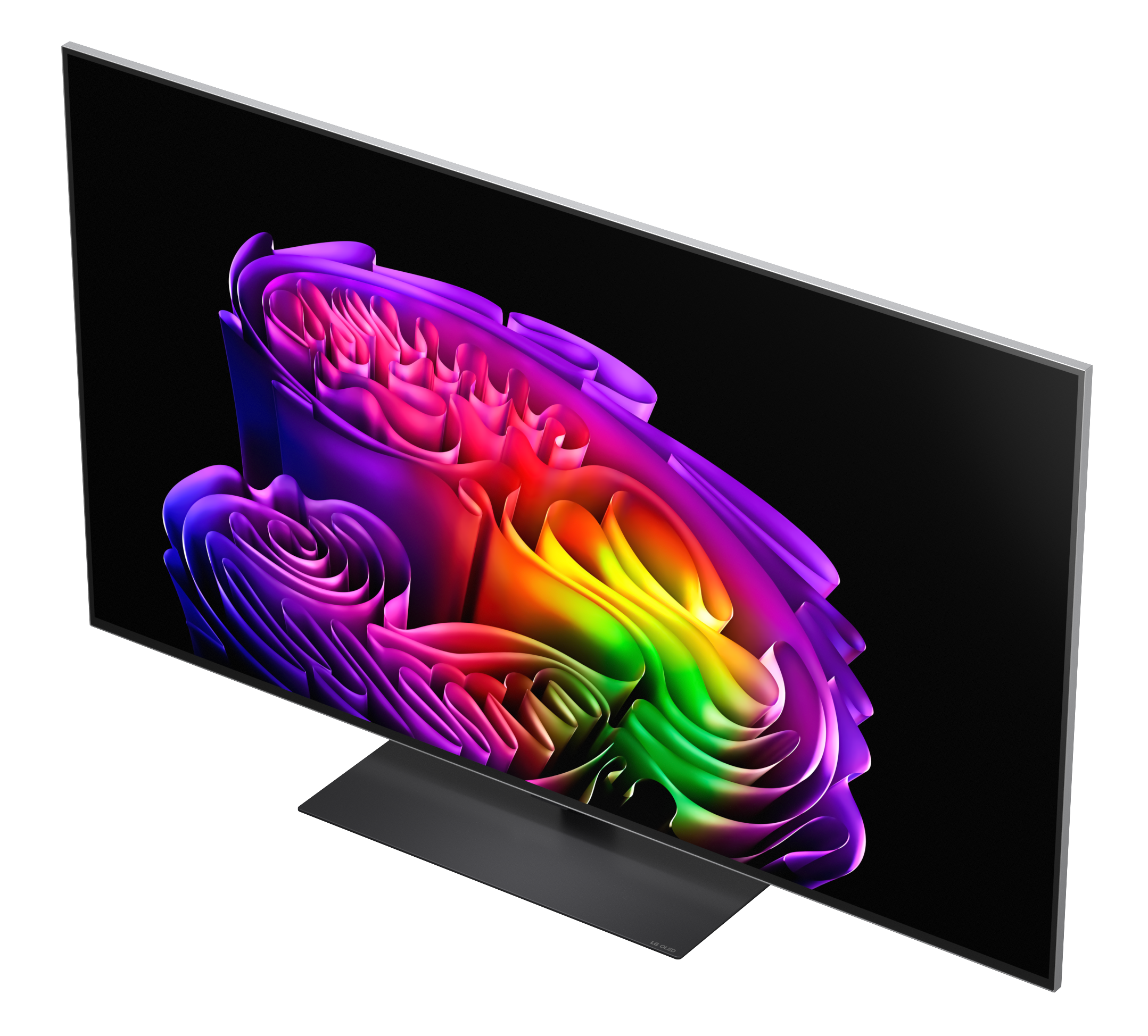 Elegancki, nowoczesny telewizor wyświetla żywy, abstrakcyjny tęczowy wir na czarnym ekranie.