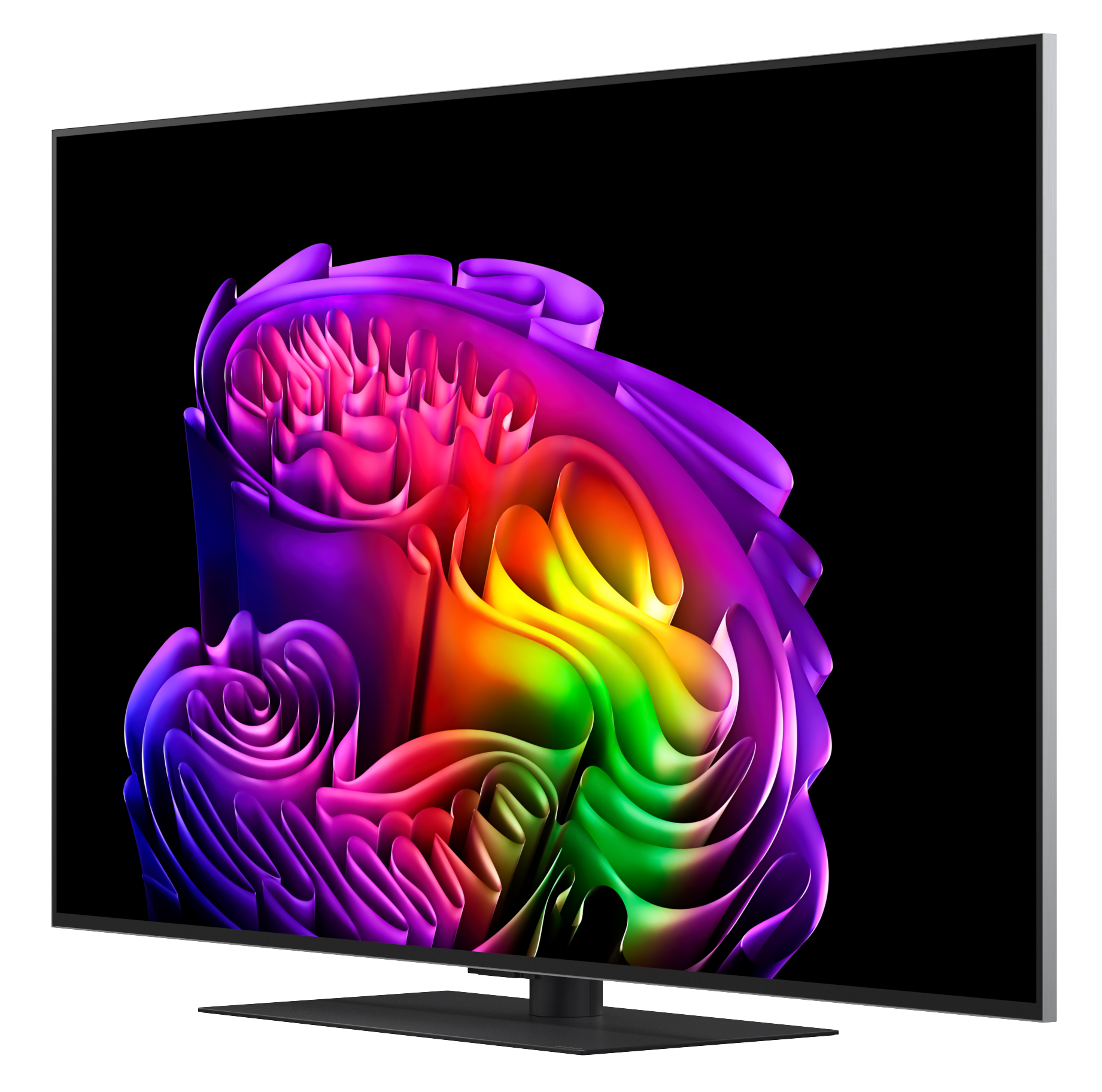 Nowoczesny telewizor wyświetla abstrakcyjny, wielokolorowy wzór w kolorach fioletowym, różowym, żółtym i zielonym.