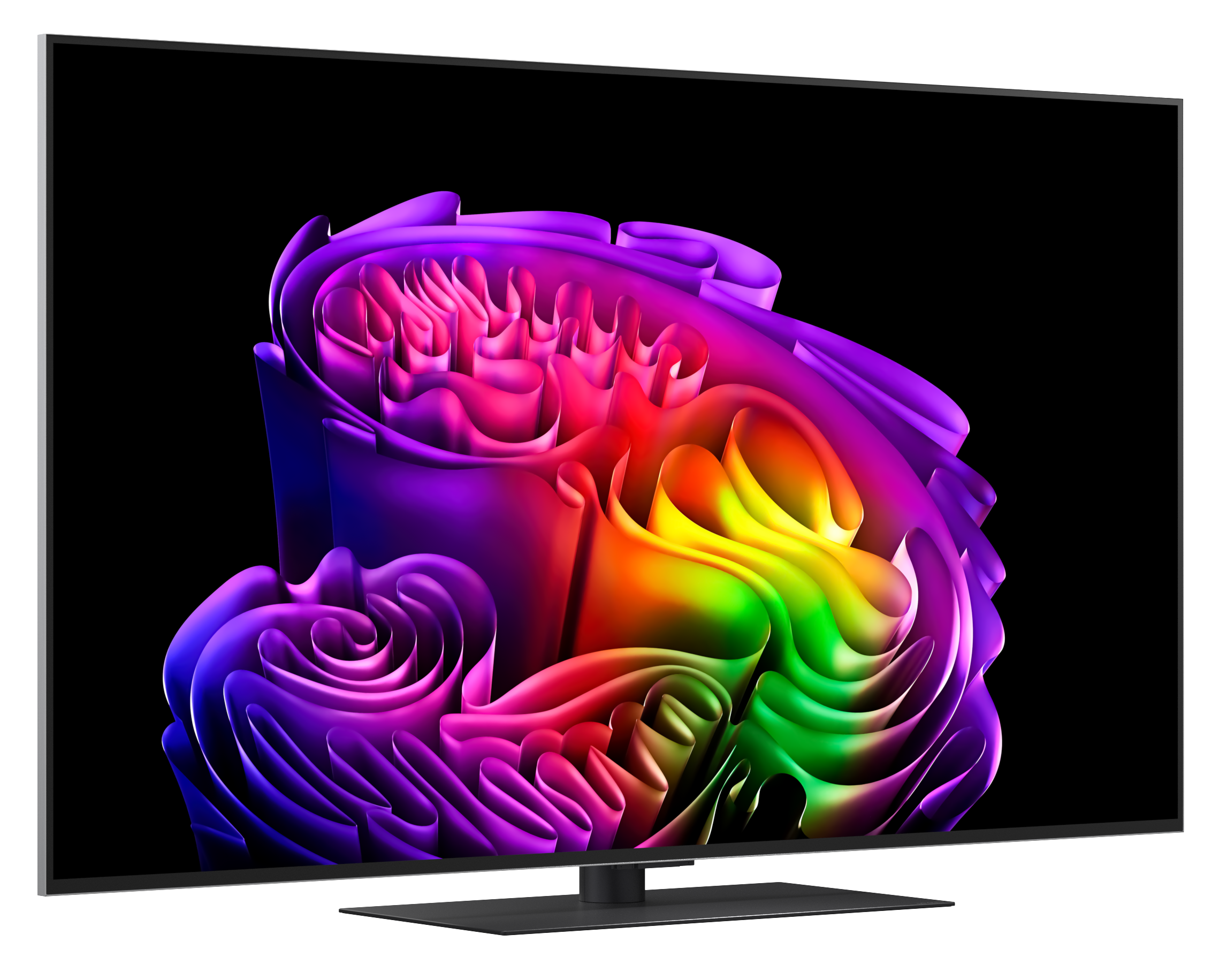 Nowoczesny telewizor wyświetla abstrakcyjny, kolorowy wzór fal w kolorach fioletowym, różowym, żółtym i zielonym.