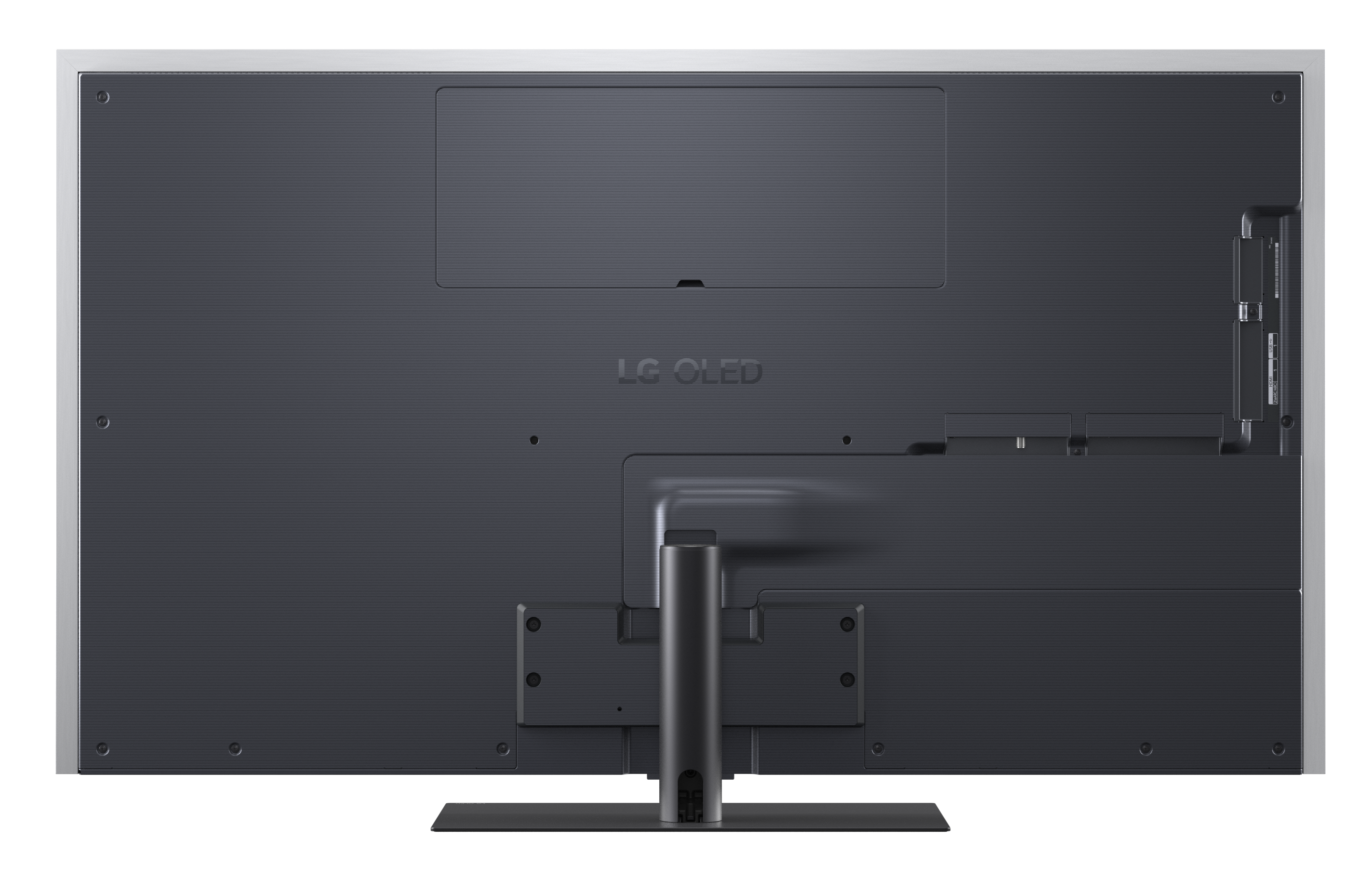 Tył ciemnego telewizora z srebrną ramką i podstawką. Widoczne logo LG OLED.