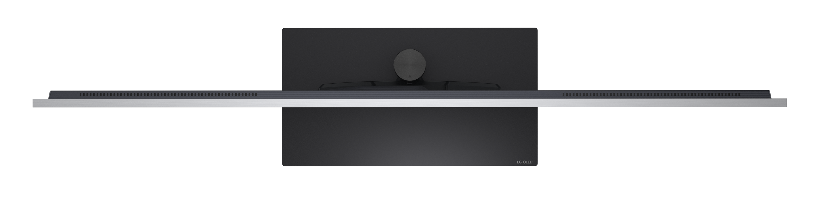 Czarny stojak monitora z szarym ekranem i srebrną krawędzią. Logo LG OLED.