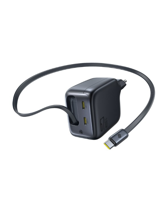 İki portlu ve kablolu siyah 67W USB-C şarj cihazı.