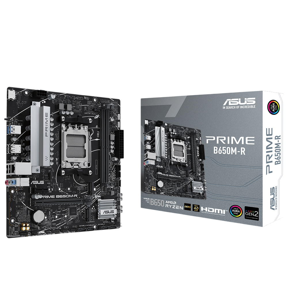ASUS PRIME B650M-R anakart ve ambalajı siyah arka plan üzerinde.