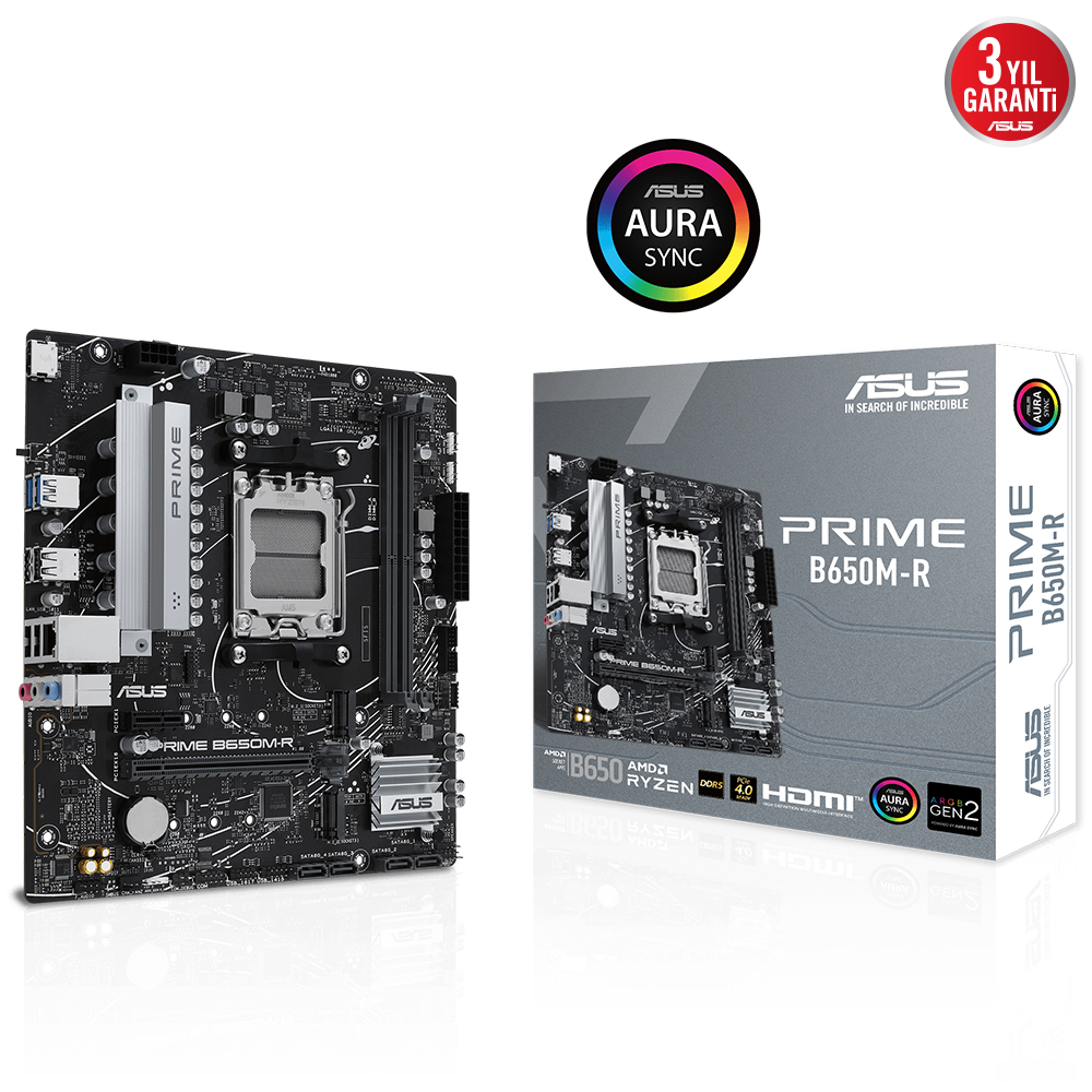 Asus Prime B650M-R anakart ve kutusu, garanti ve Aura Sync logosu.