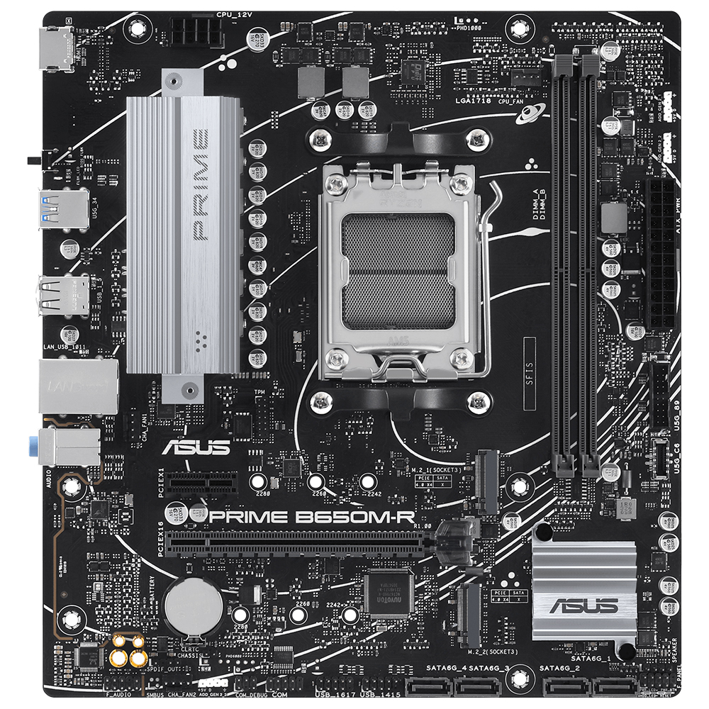 Gümüş soğutucular ve renkli bileşen detaylarına sahip siyah ASUS PRIME B650M-R anakart.