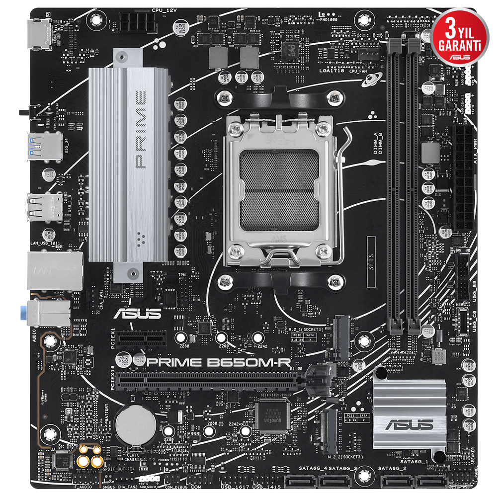 CPU soketi, RAM yuvaları ve konektörlere sahip siyah ASUS PRIME B650M-R anakart.