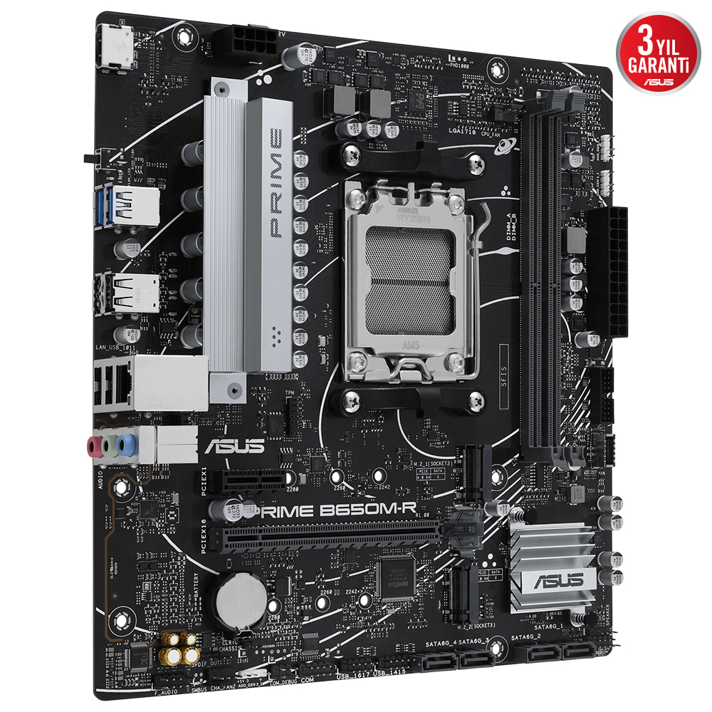 CPU soketi, RAM yuvaları ve konektörleri olan siyah bir ASUS PRIME B650M-R anakart.