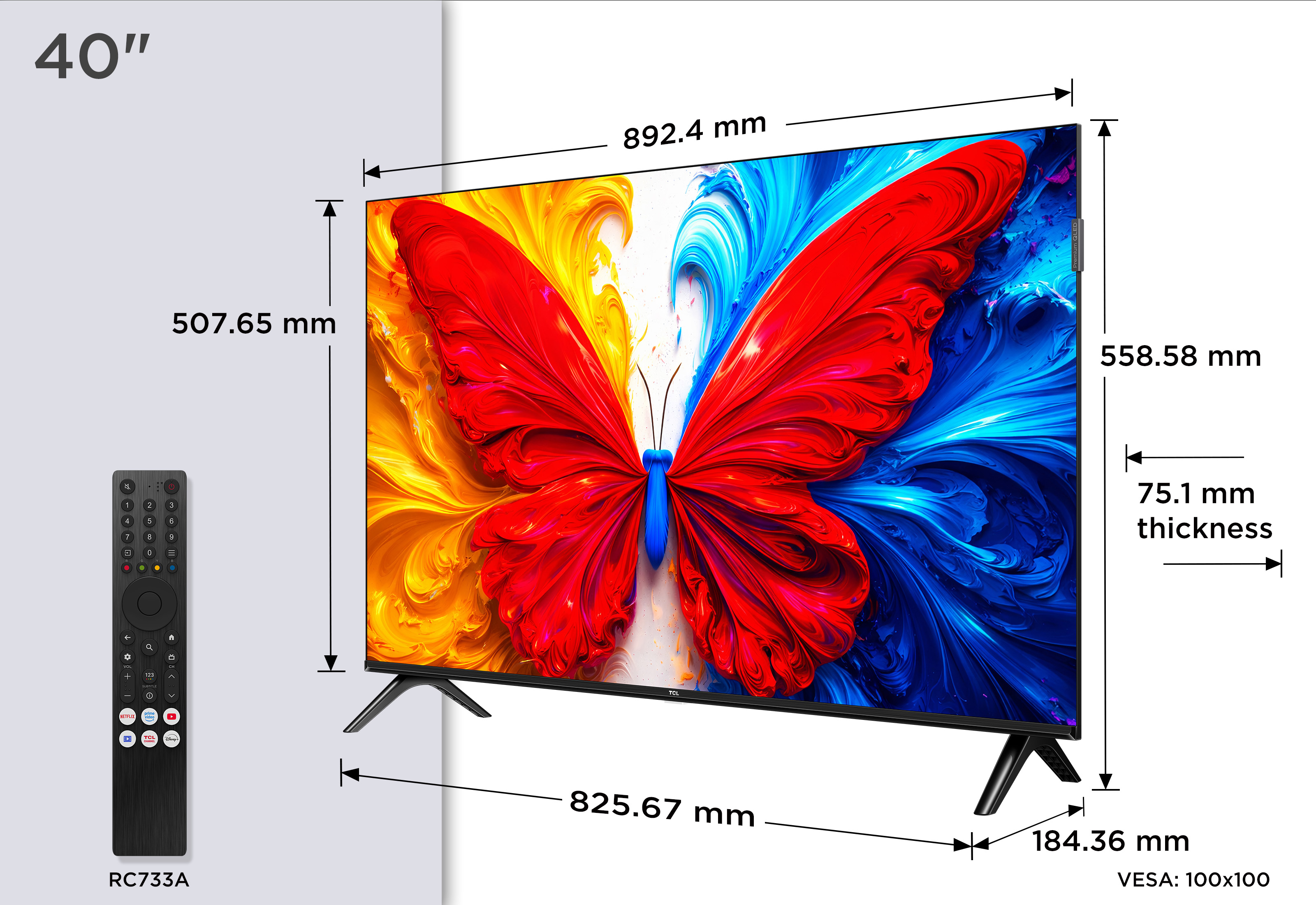 Ein 40-Zoll-Fernseher mit einem Schmetterlingsdesign und einem schwarzen Fernbedienungs-RC733A.