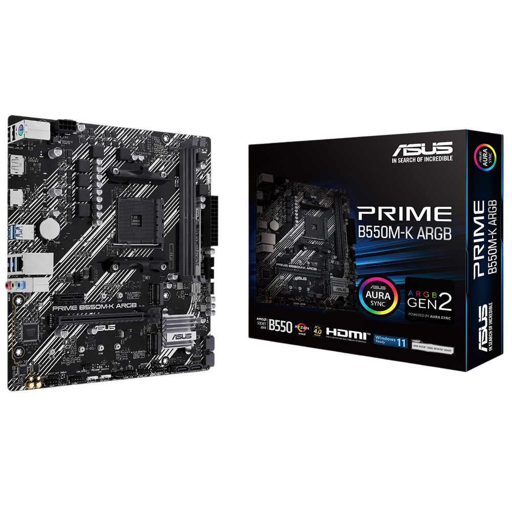 ASUS PRIME B550M-K ARGB anakart ve kutusu siyah zeminde.