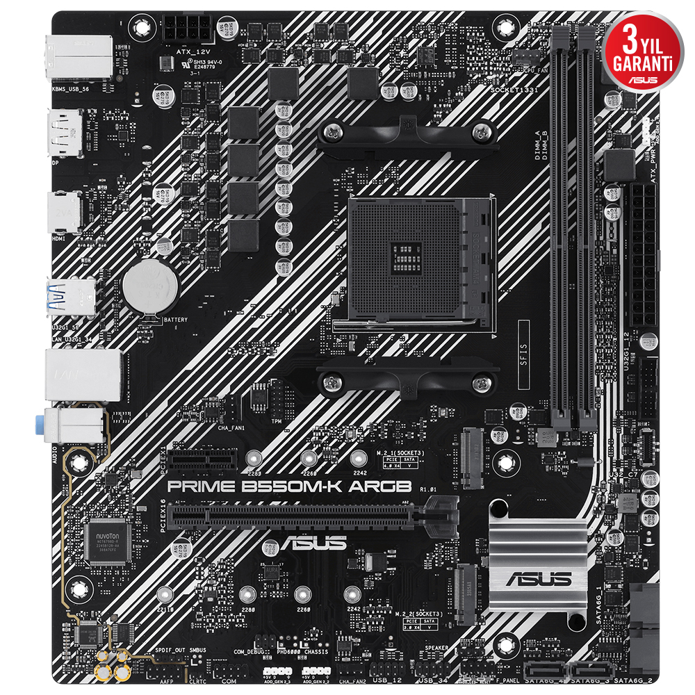 CPU soketi, RAM yuvaları ve bağlantı noktalarına sahip siyah bir ASUS Prime B550M-K ARGB anakart.