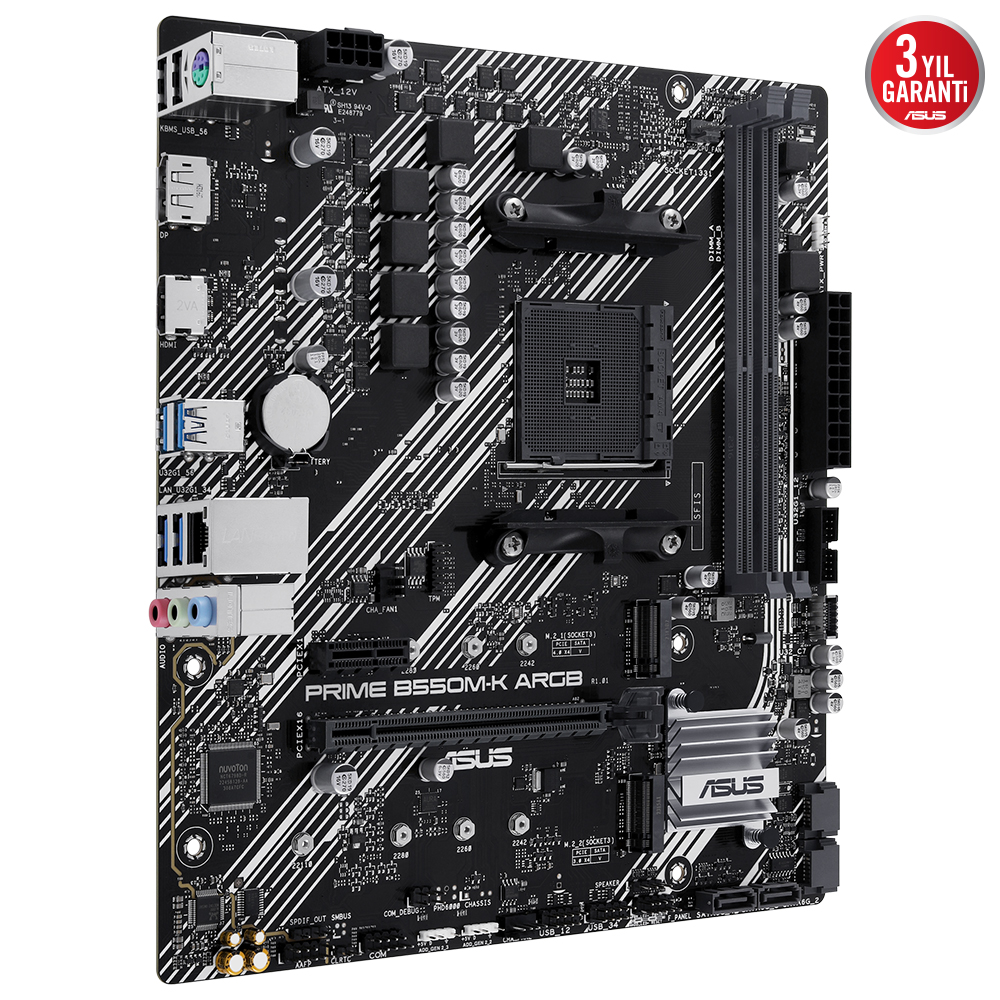 Gümüş ve beyaz vurgulara sahip siyah ASUS Prime B550M-K ARGB anakart.