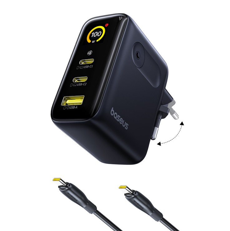 3 portlu (2x USB-C, 1x USB-A) ve 100W ekranlı siyah şarj cihazı.