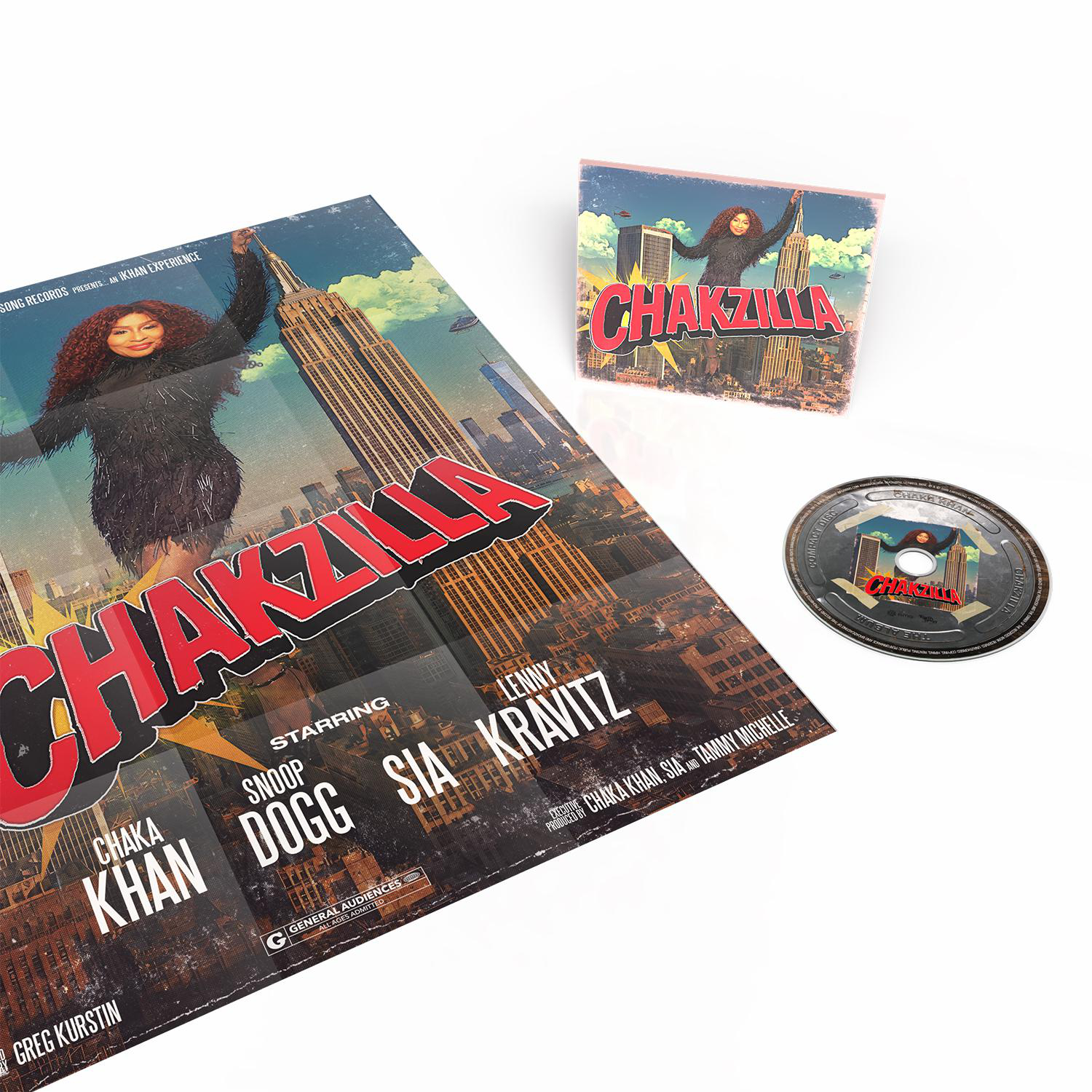 Chaka Khan als 'Chakzilla' vor dem Empire State Building, mit CD und Poster.