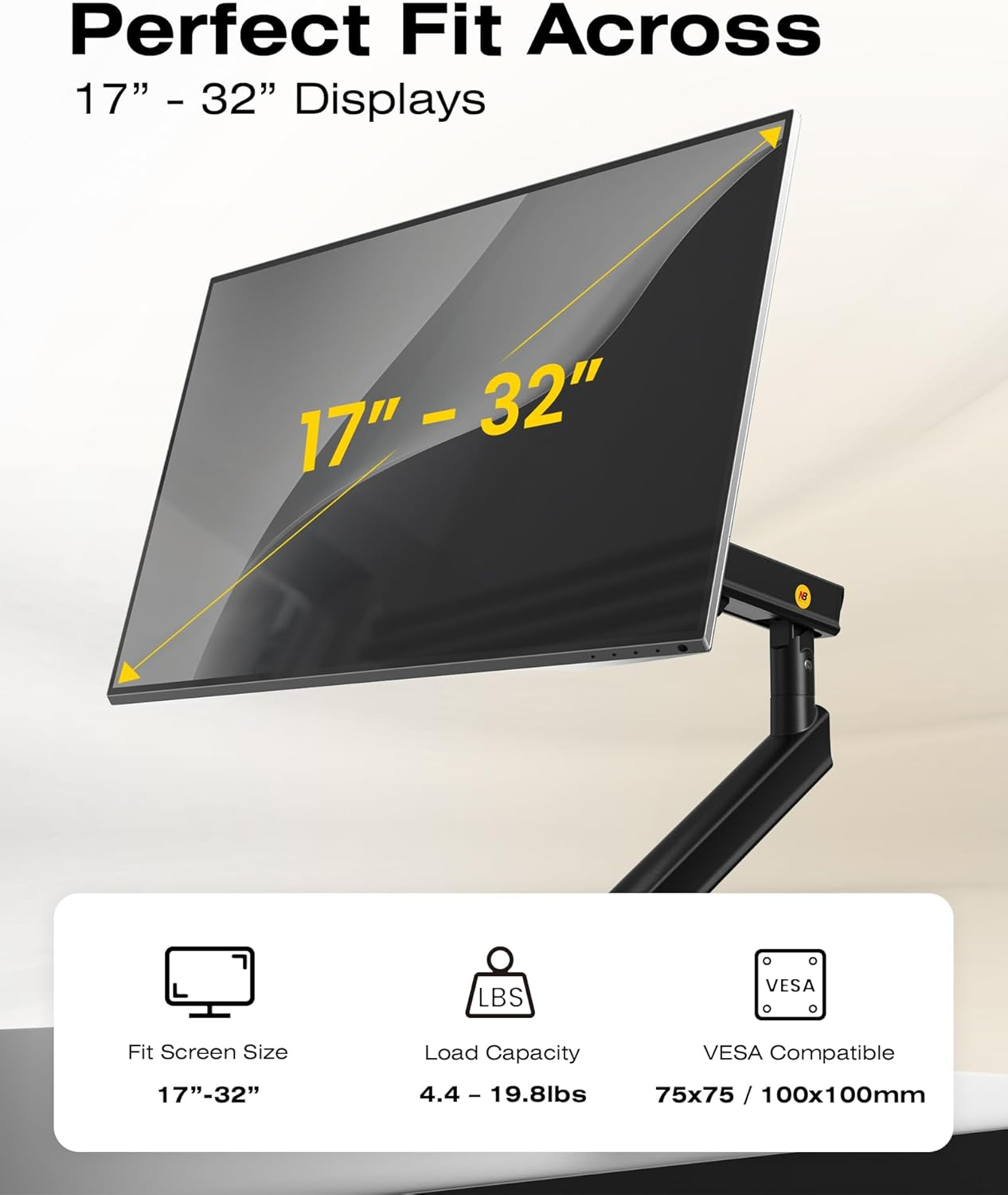 Bir monitör kolu, 17"-32" gösteren bir monitörü destekler. Altında özellikler.