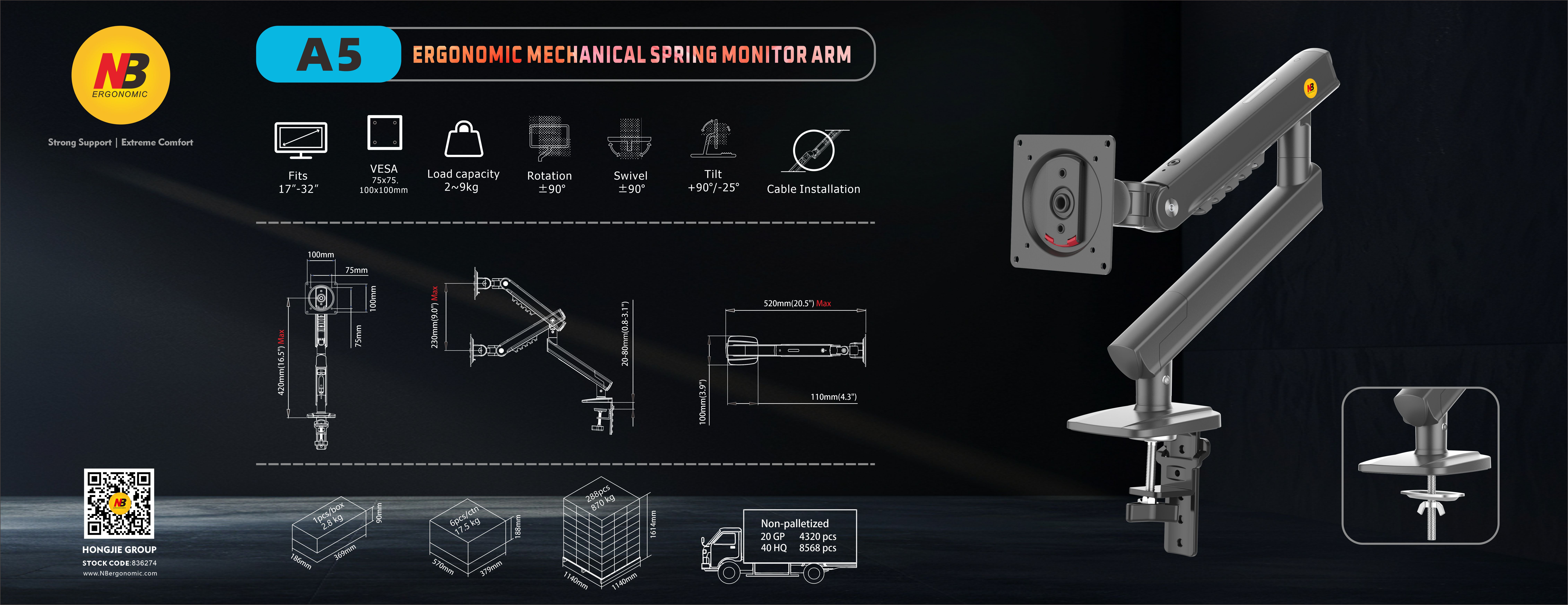 NB A5 ergonomik monitör kolu: 17-32", 2-9kg, VESA 75/100. Döndürme, sallama, eğme özellikleri.