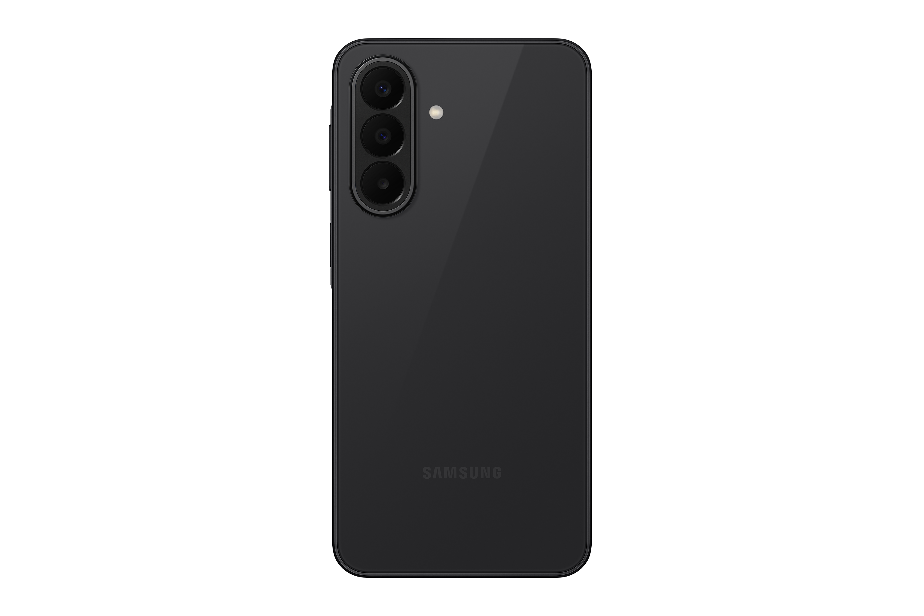 Rückseite eines schwarzen Samsung Smartphones mit drei Kameralinsen und Blitz.